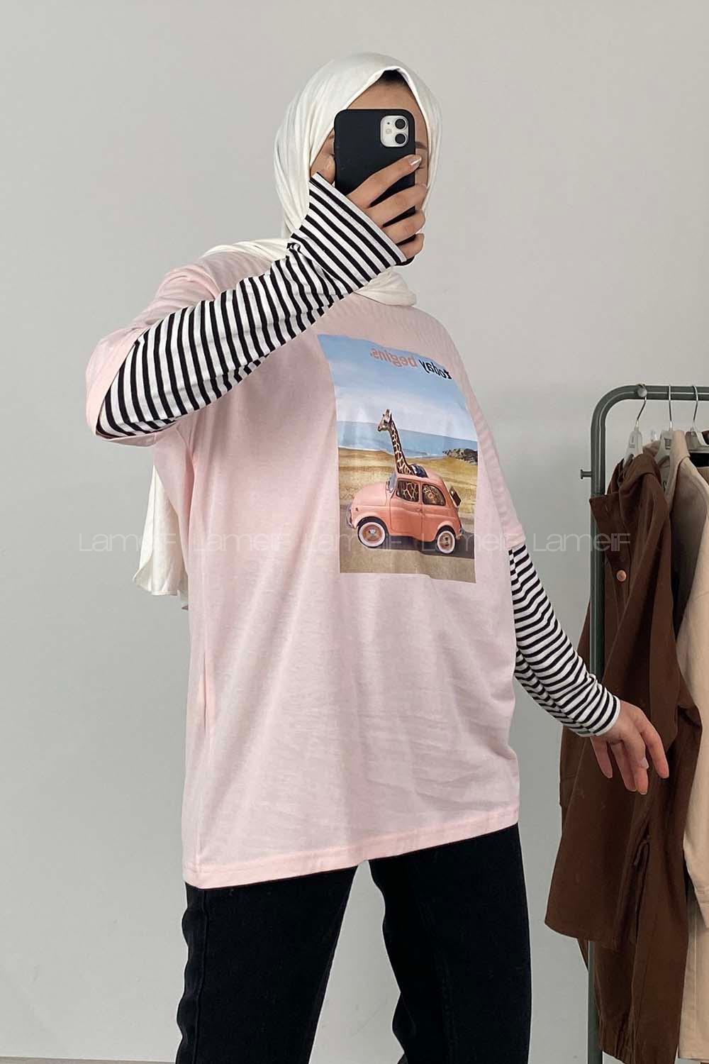 Modalamelif Car Baskılı Oversize T-Shirt Pudra