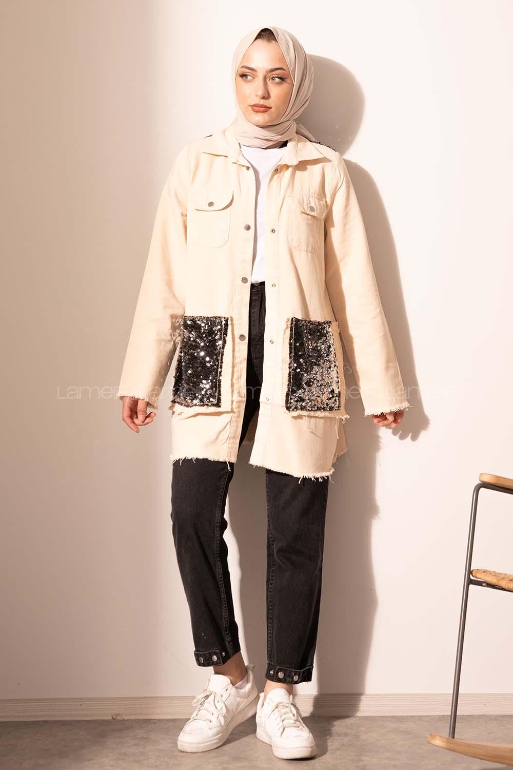 Modalamelif Cep Pul Payetli Kot Ceket Bej