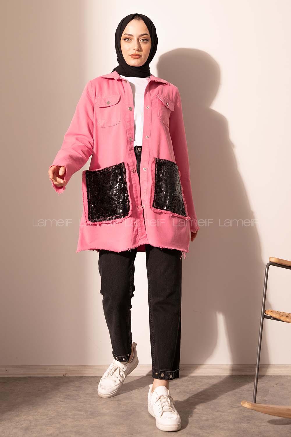 Modalamelif Cep Pul Payetli Kot Ceket Fuşya