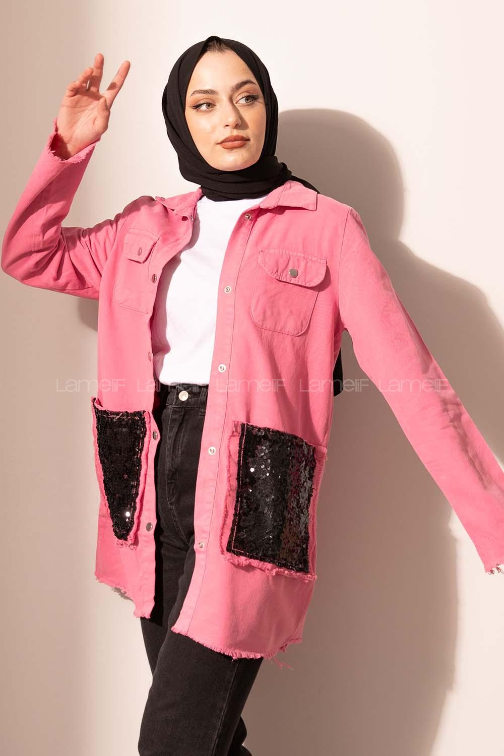 Modalamelif Cep Pul Payetli Kot Ceket Fuşya