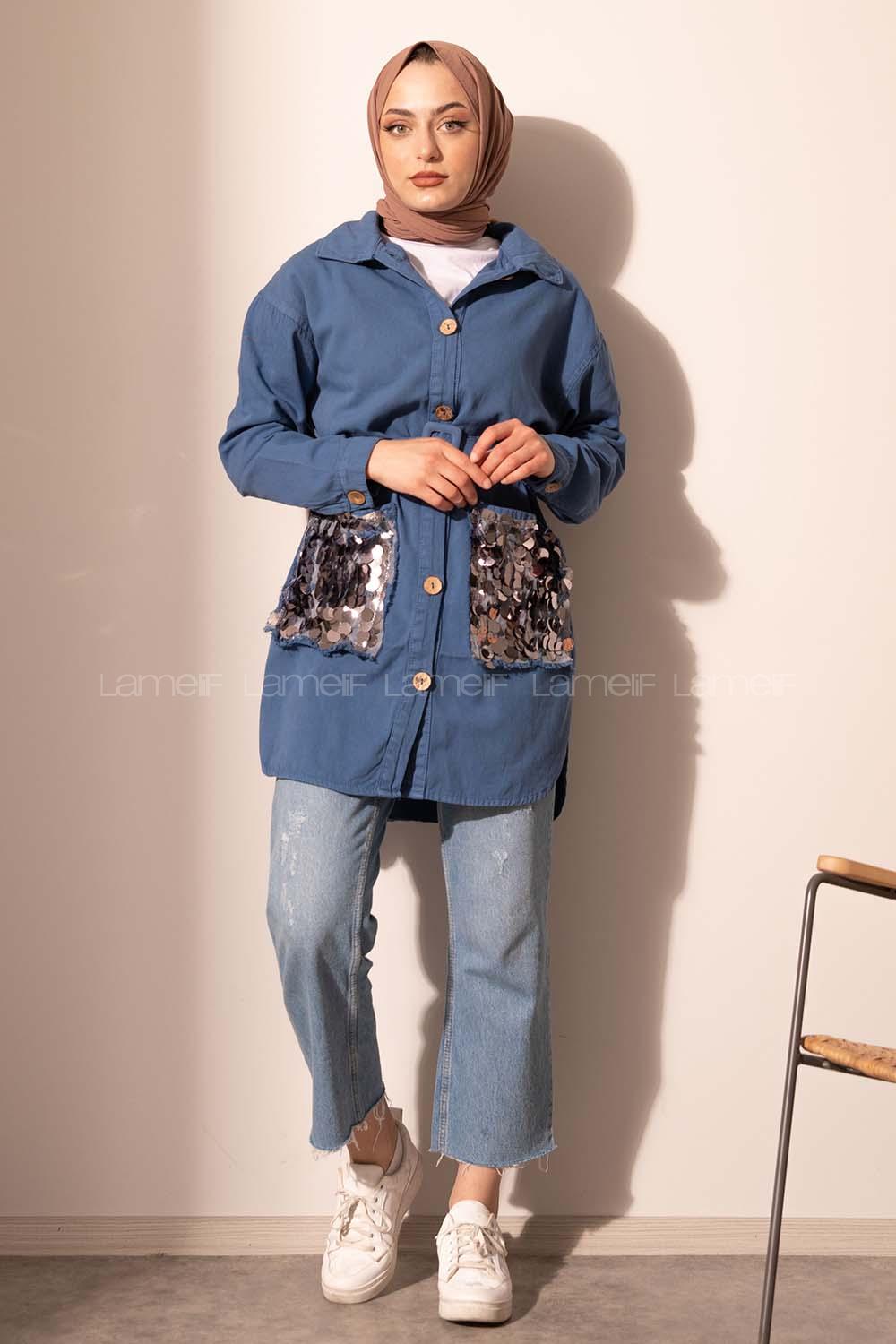 Modalamelif Cep Pul Payetli Uzun Ceket İndigo