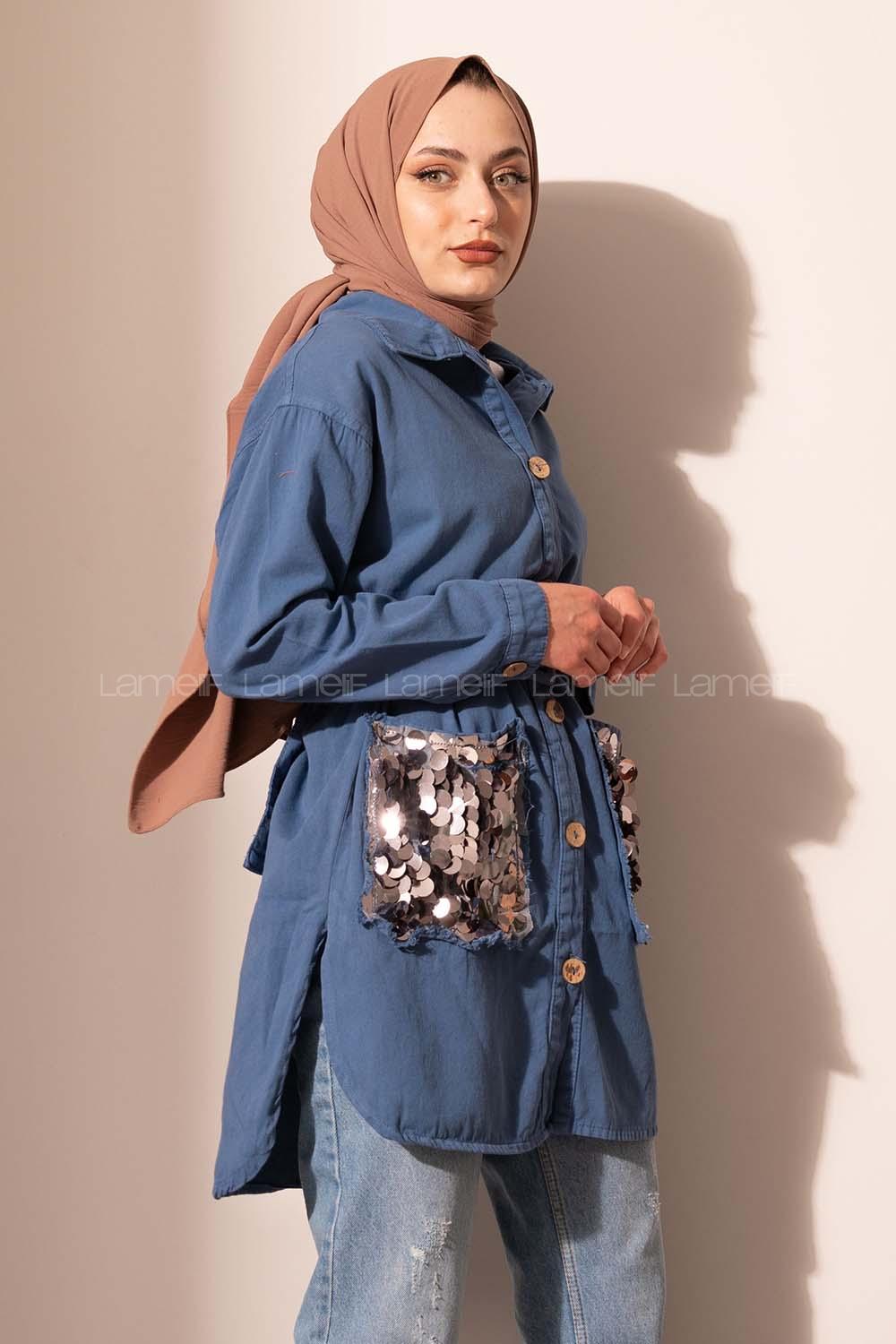 Modalamelif Cep Pul Payetli Uzun Ceket İndigo