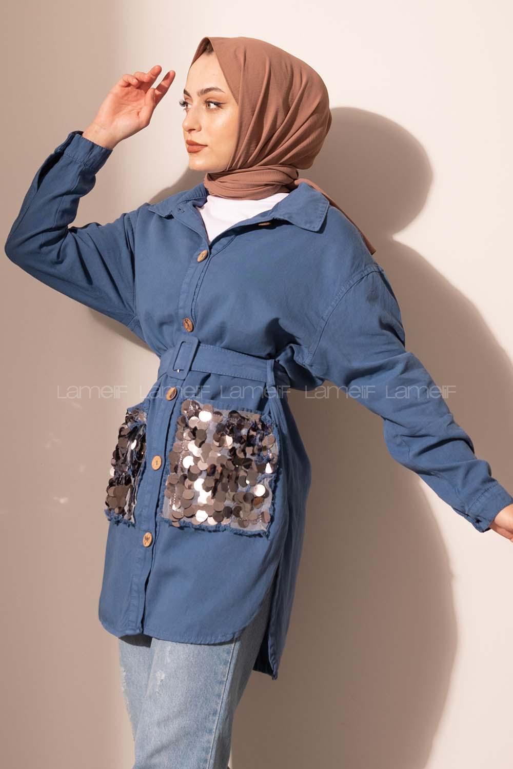 Modalamelif Cep Pul Payetli Uzun Ceket İndigo