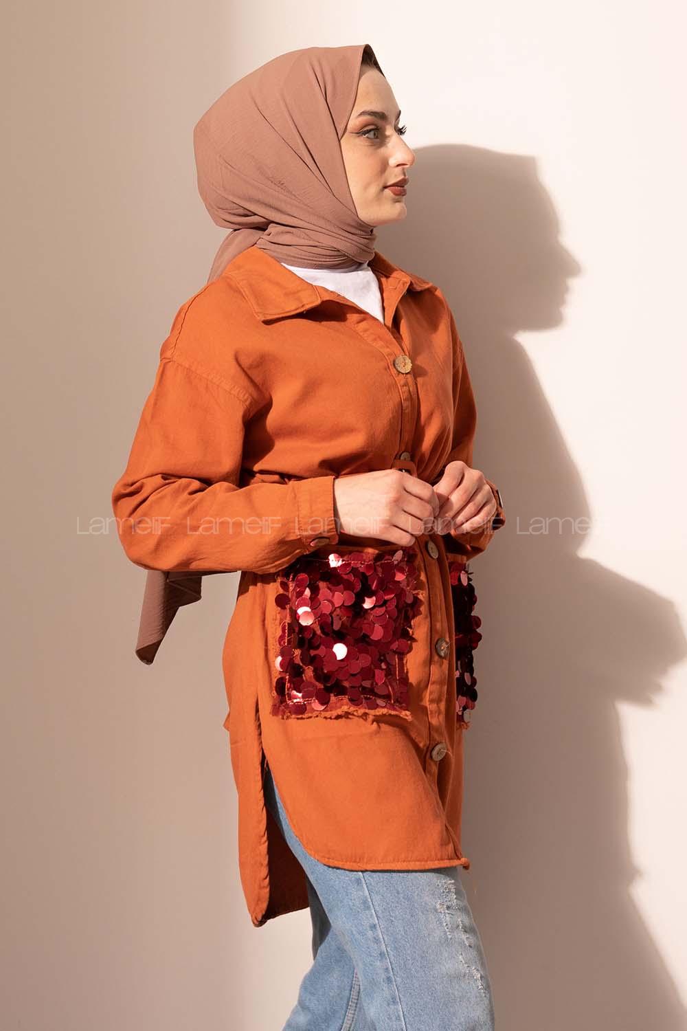 Modalamelif Cep Pul Payetli Uzun Ceket Taba