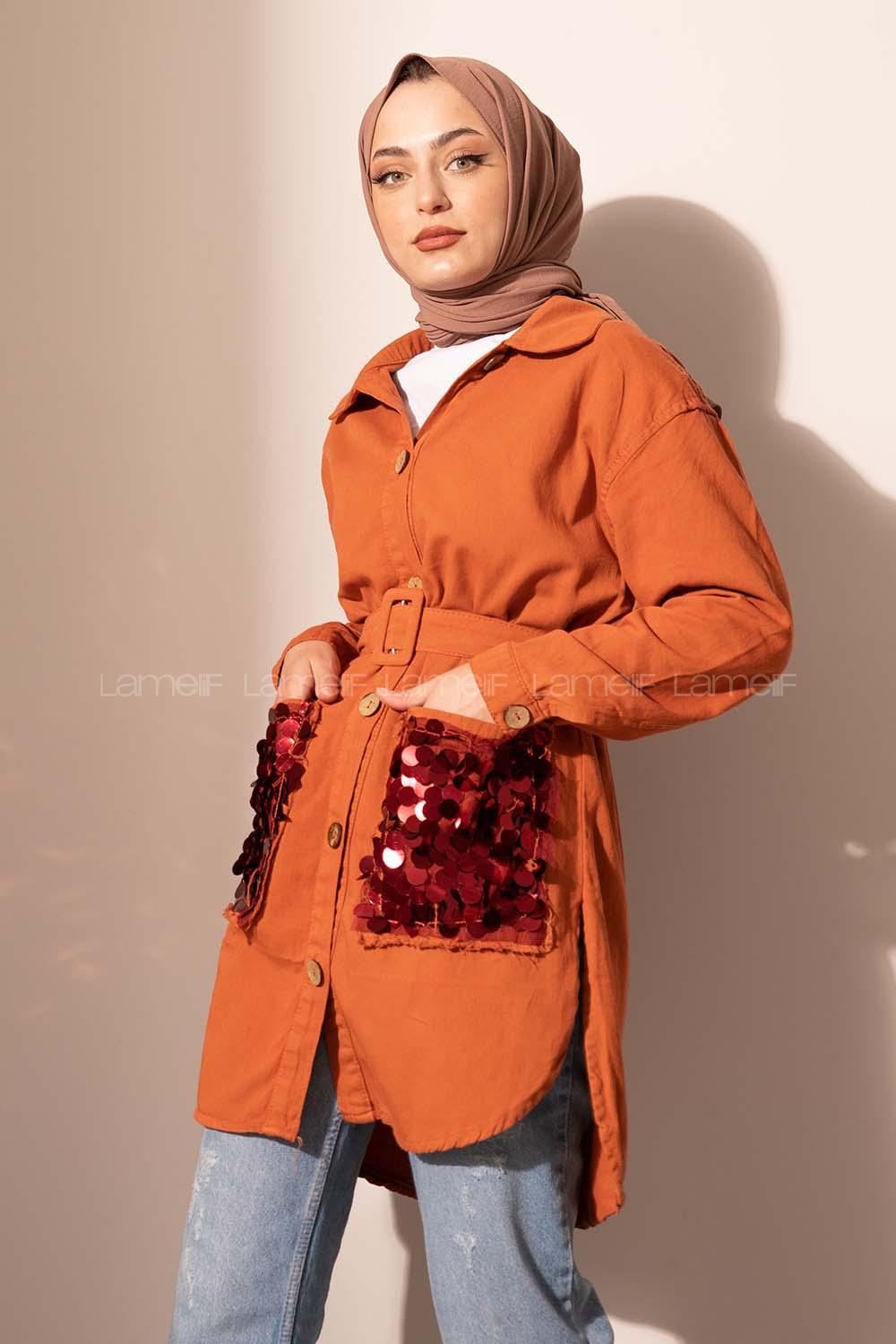 Modalamelif Cep Pul Payetli Uzun Ceket Taba