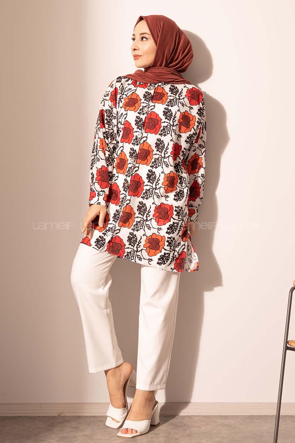 Modalamelif Çiçek Desen Dijital Baskı Gömlek Ekru-Kırmızı