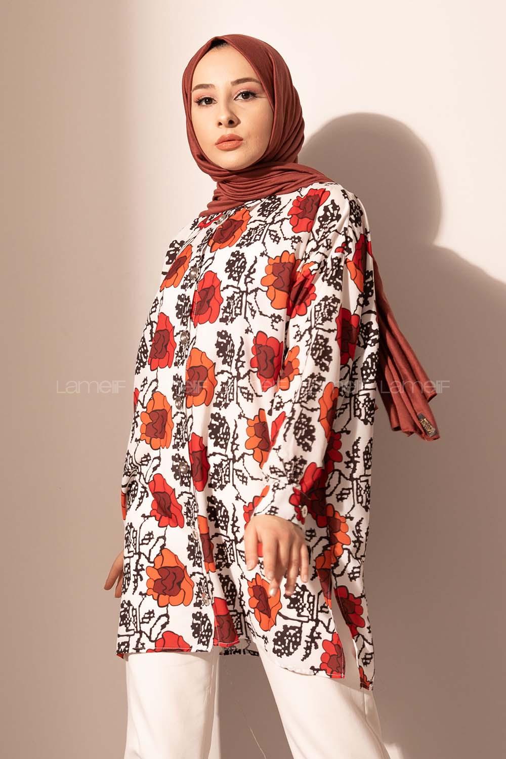 Modalamelif Çiçek Desen Dijital Baskı Gömlek Ekru-Kırmızı
