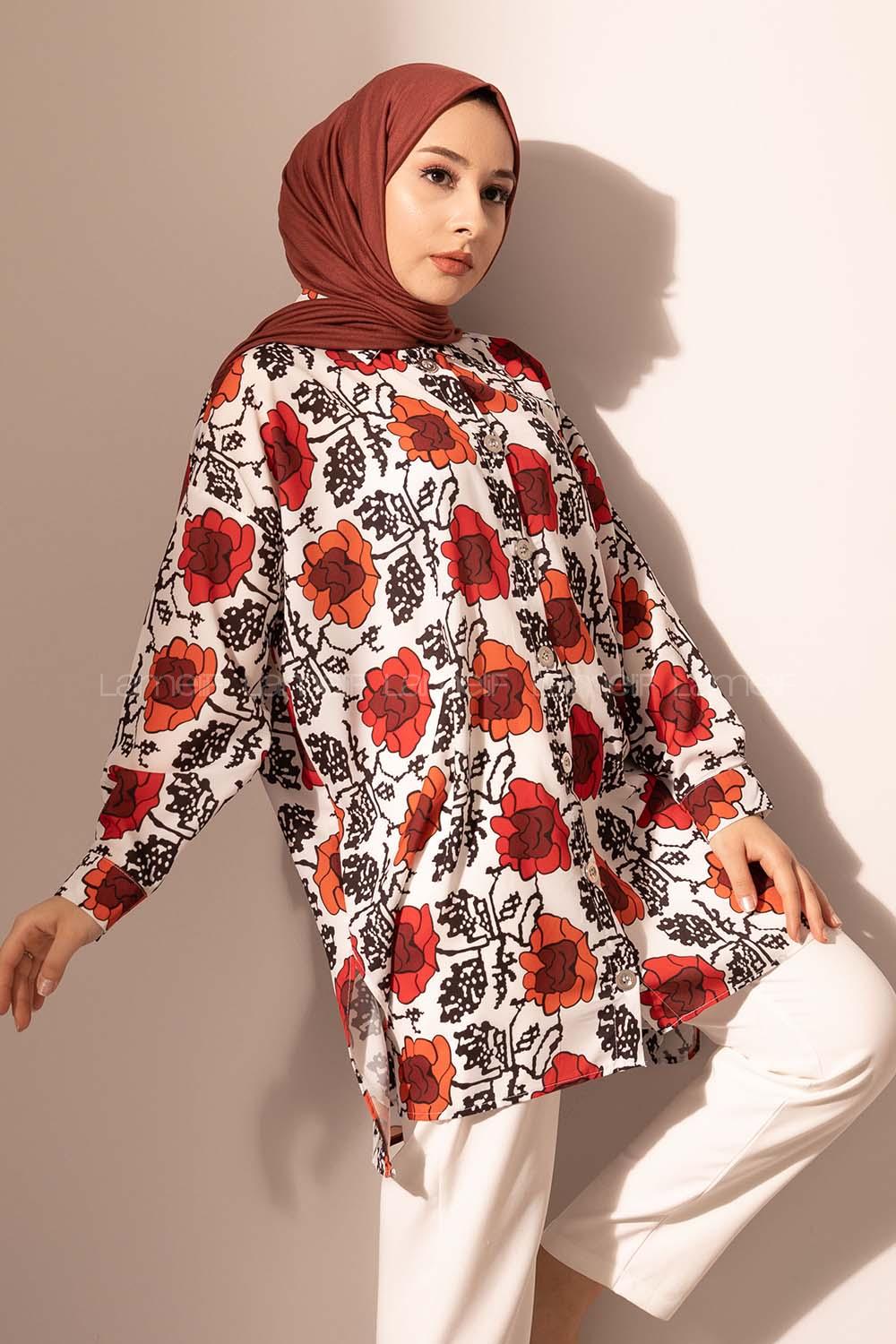Modalamelif Çiçek Desen Dijital Baskı Gömlek Ekru-Kırmızı