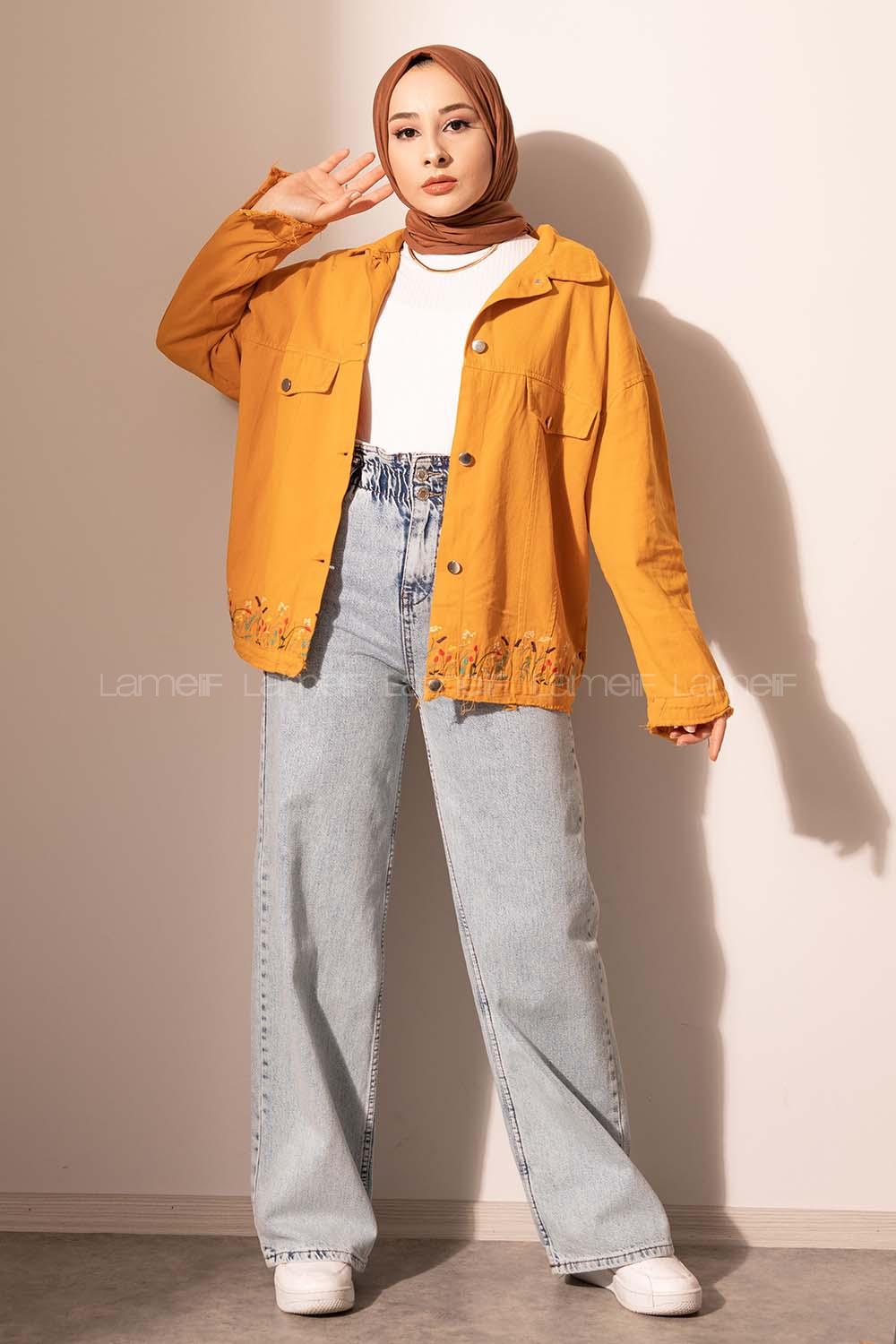 Modalamelif Eteği Çiçek Nakışlı Kot Ceket Hardal Sarısı