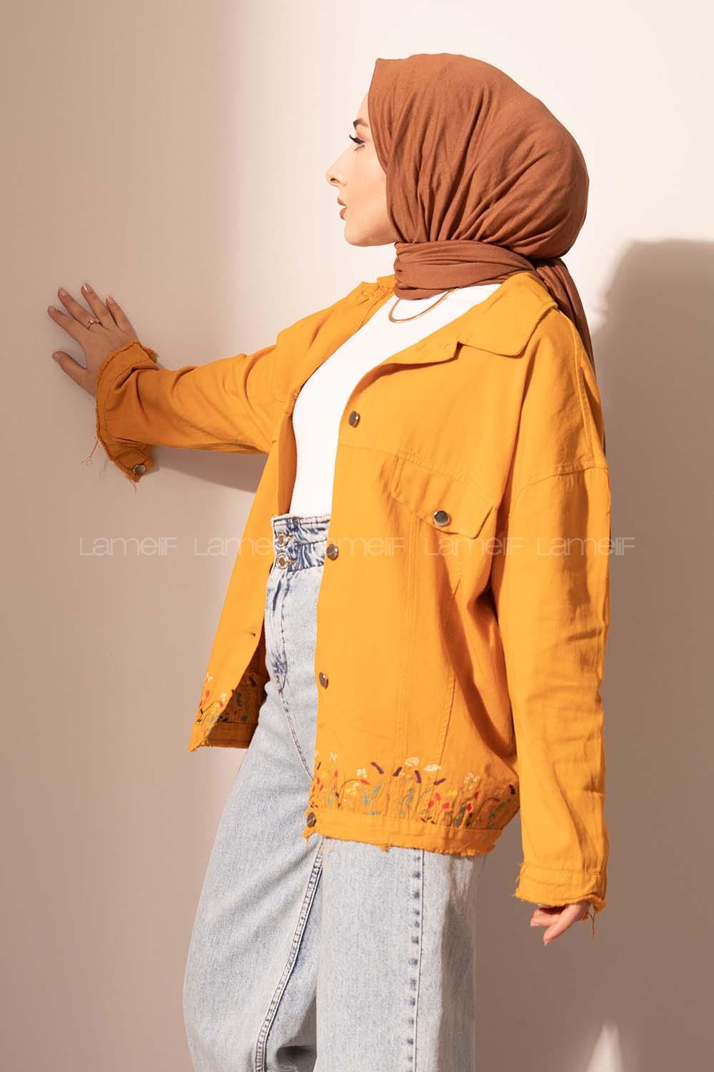 Modalamelif Eteği Çiçek Nakışlı Kot Ceket Hardal Sarısı