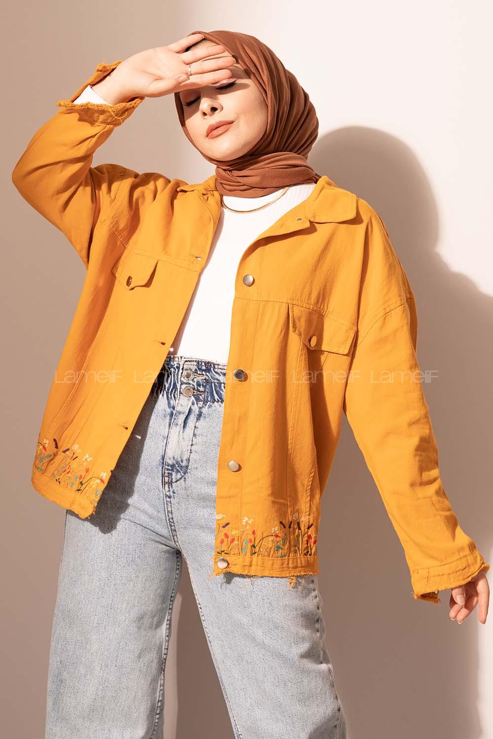 Modalamelif Eteği Çiçek Nakışlı Kot Ceket Hardal Sarısı