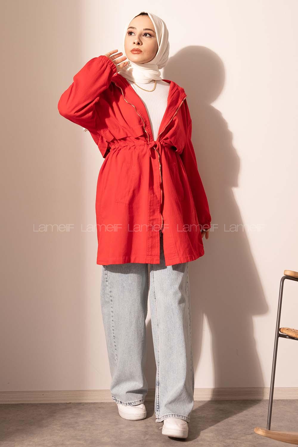 Modalamelif Fermuarlı Kapşonlu  Gabardin Ceket Kırmızı