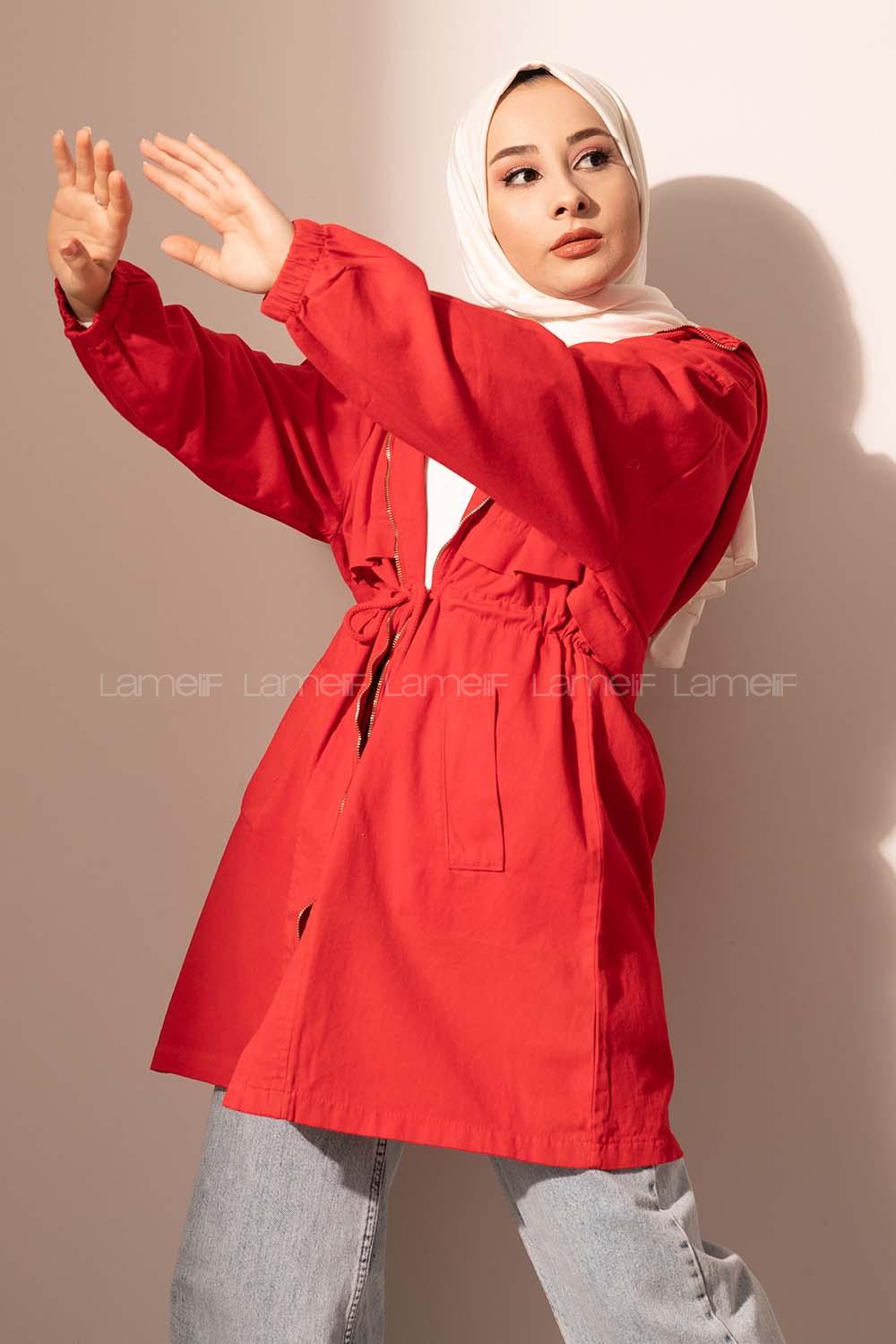 Modalamelif Fermuarlı Kapşonlu  Gabardin Ceket Kırmızı