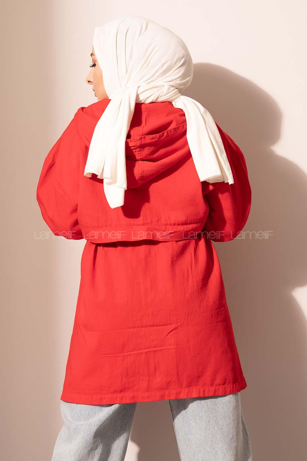 Modalamelif Fermuarlı Kapşonlu  Gabardin Ceket Kırmızı