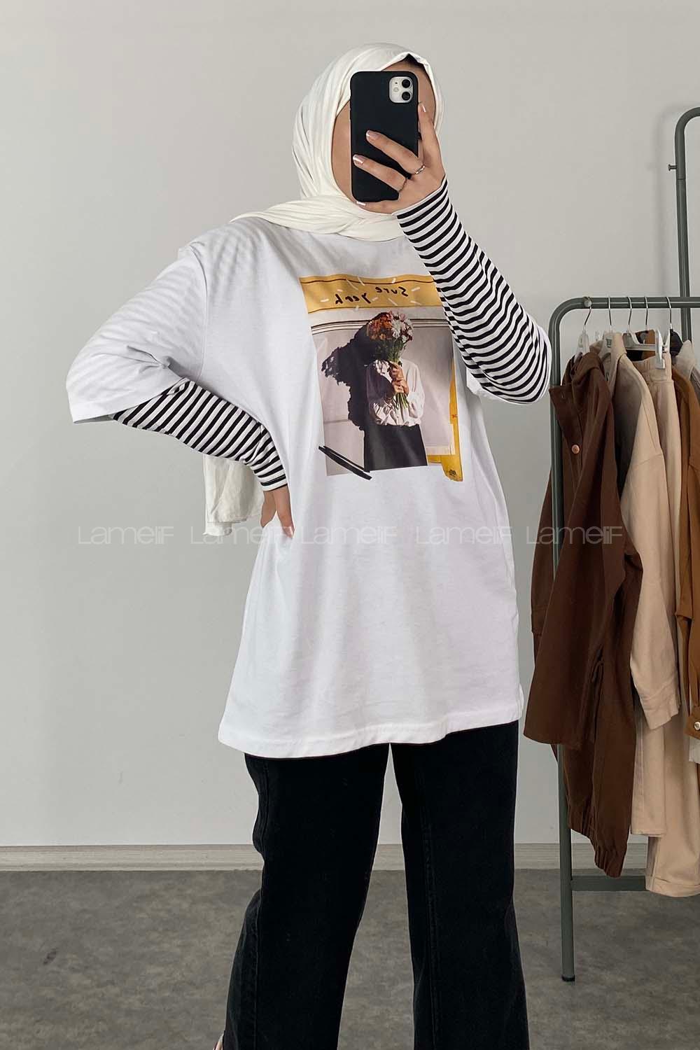 Modalamelif Flower Baskılı Oversize T-Shirt Ekru