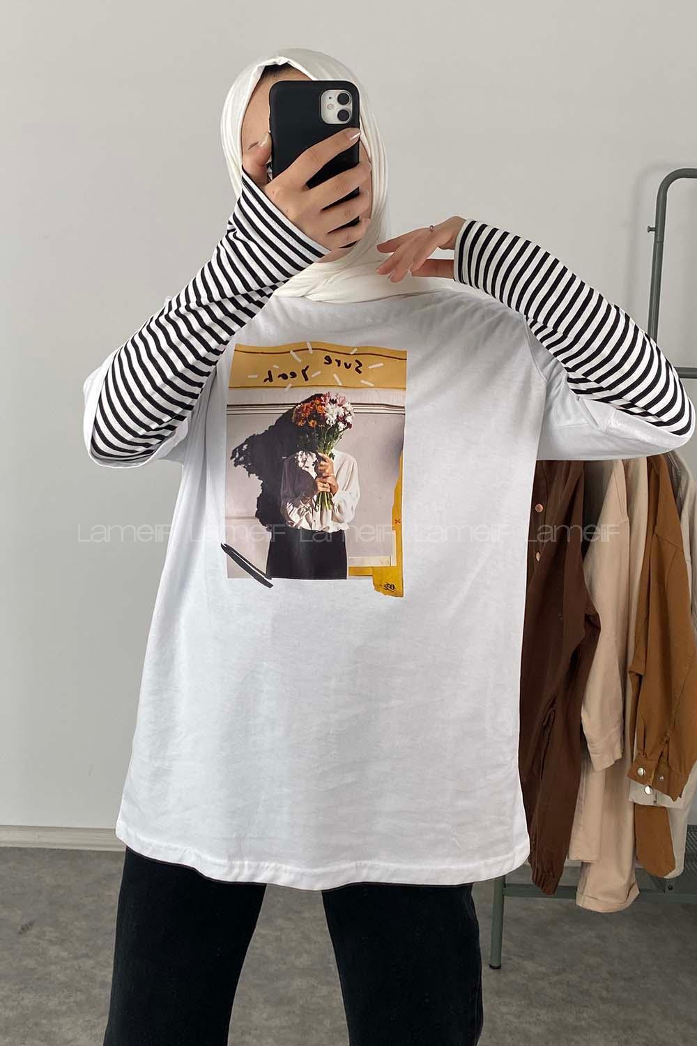 Modalamelif Flower Baskılı Oversize T-Shirt Ekru