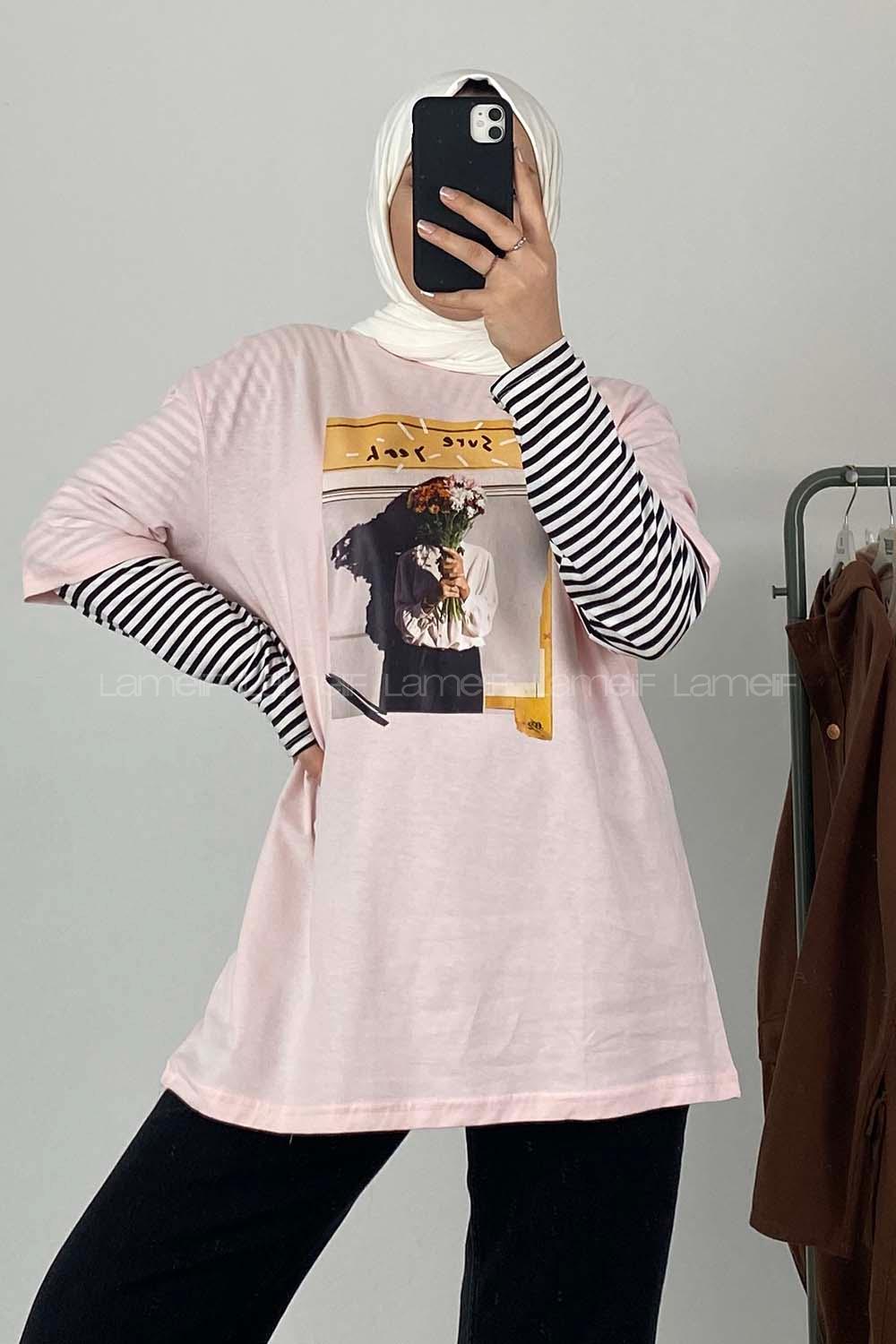Modalamelif Flower Baskılı Oversize T-Shirt Pudra