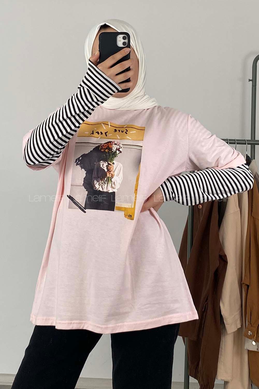 Modalamelif Flower Baskılı Oversize T-Shirt Pudra