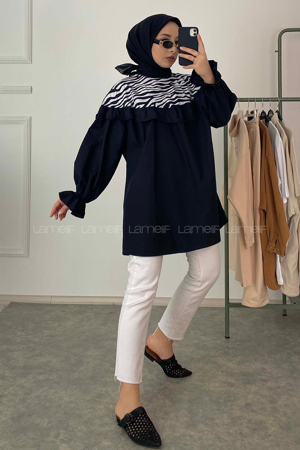 Modalamelif Hakim Yaka Zebra Desen Tunik Siyah