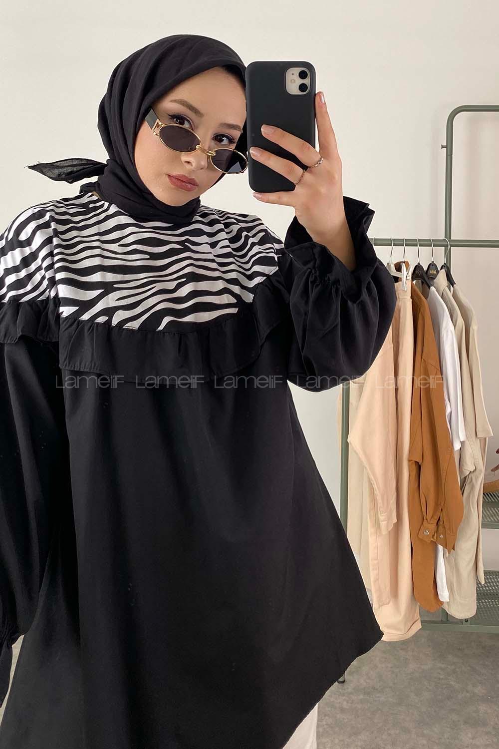 Modalamelif Hakim Yaka Zebra Desen Tunik Siyah