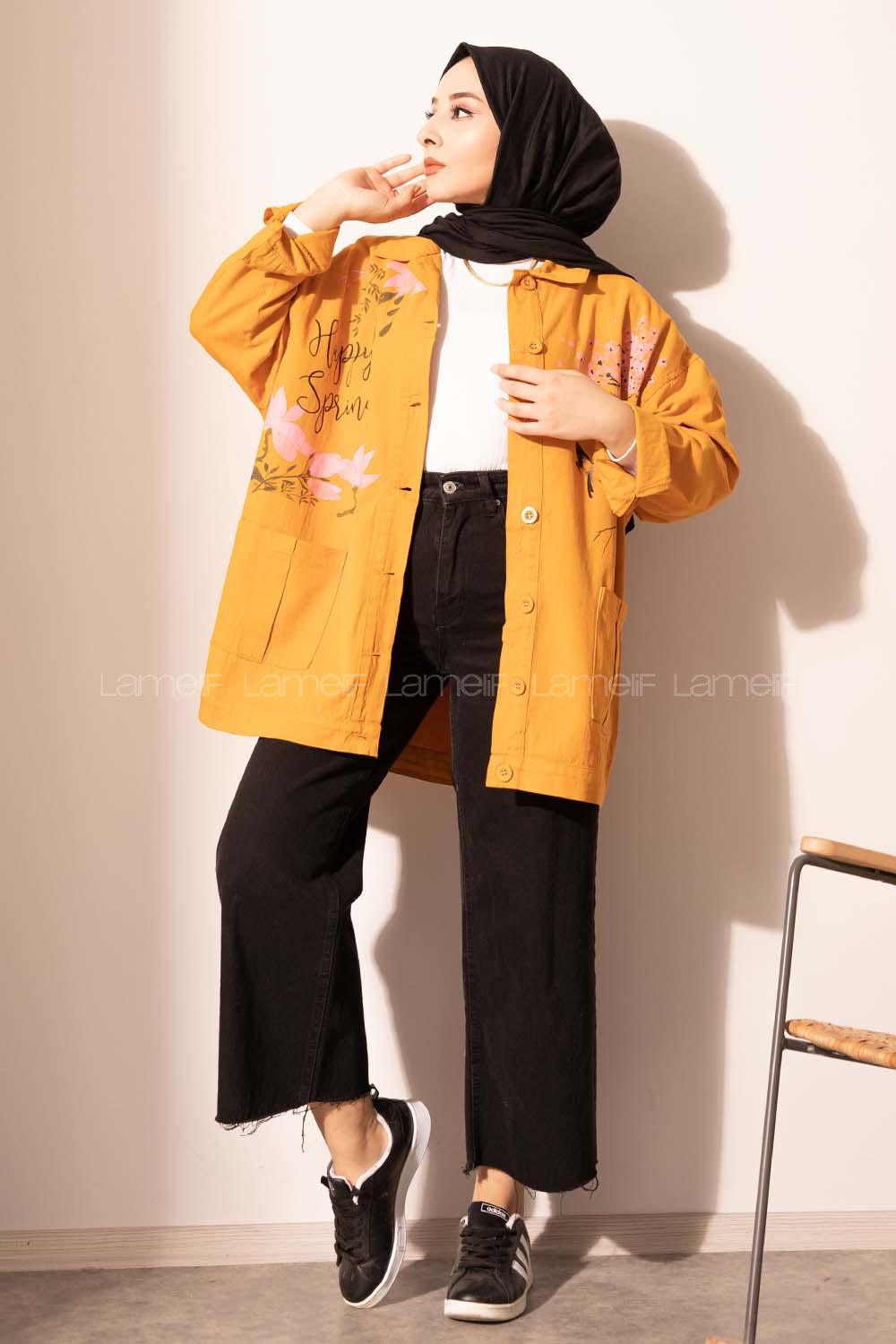 Modalamelif Happy Spring Desenli Gabrdin Ceket Hardal Sarısı