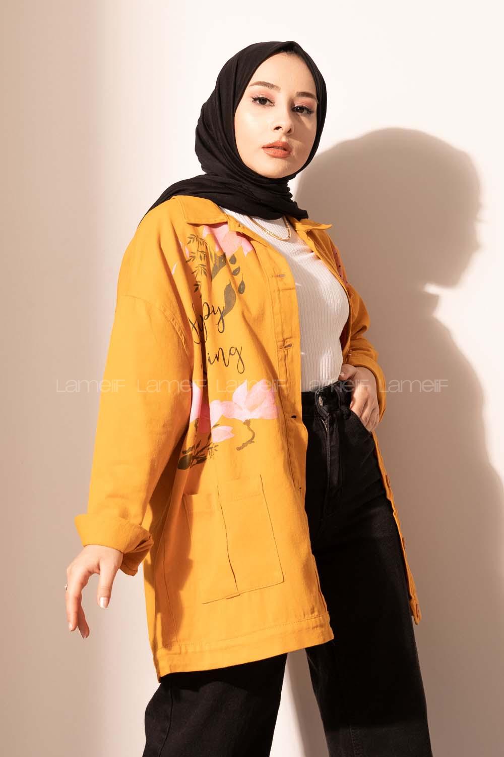 Modalamelif Happy Spring Desenli Gabrdin Ceket Hardal Sarısı