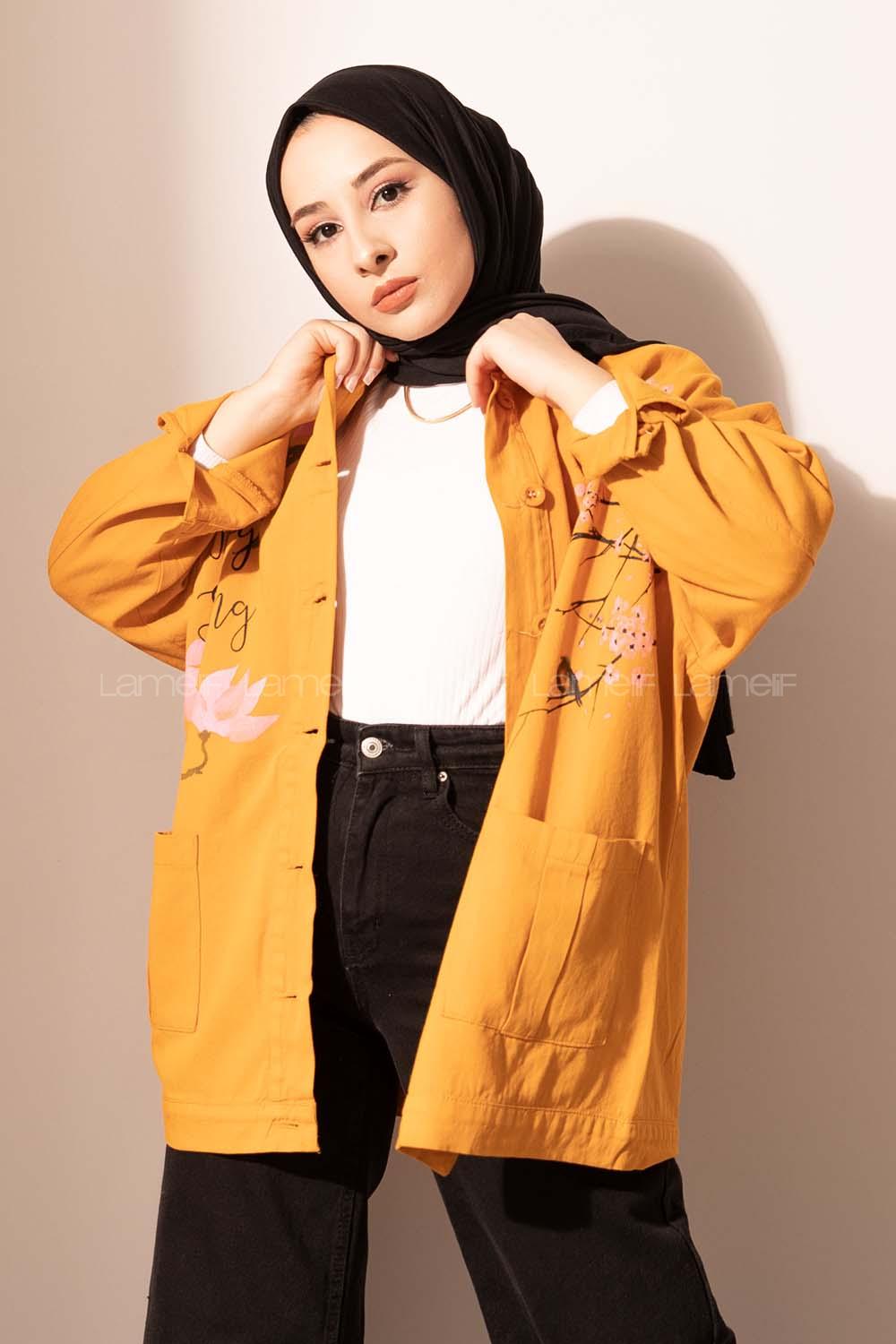 Modalamelif Happy Spring Desenli Gabrdin Ceket Hardal Sarısı