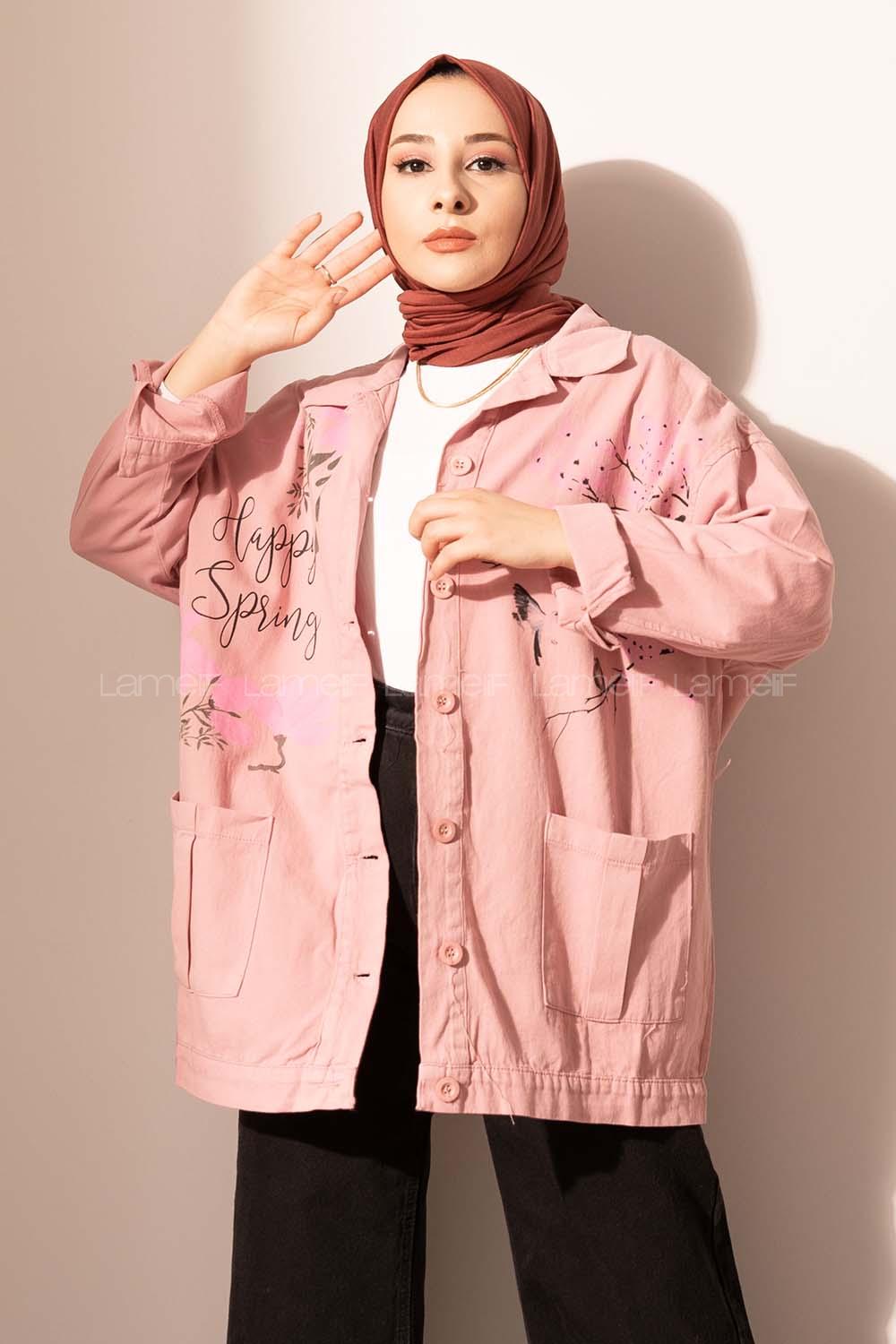 Modalamelif Happy Spring Desenli Gabrdin Ceket Lila