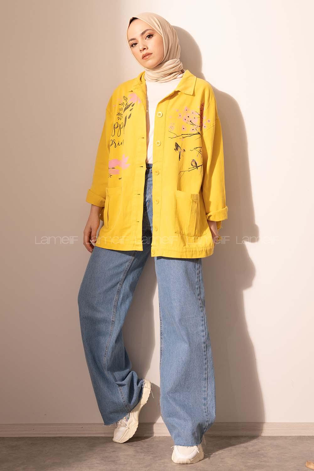 Modalamelif Happy Spring Desenli Gabrdin Ceket Sarı