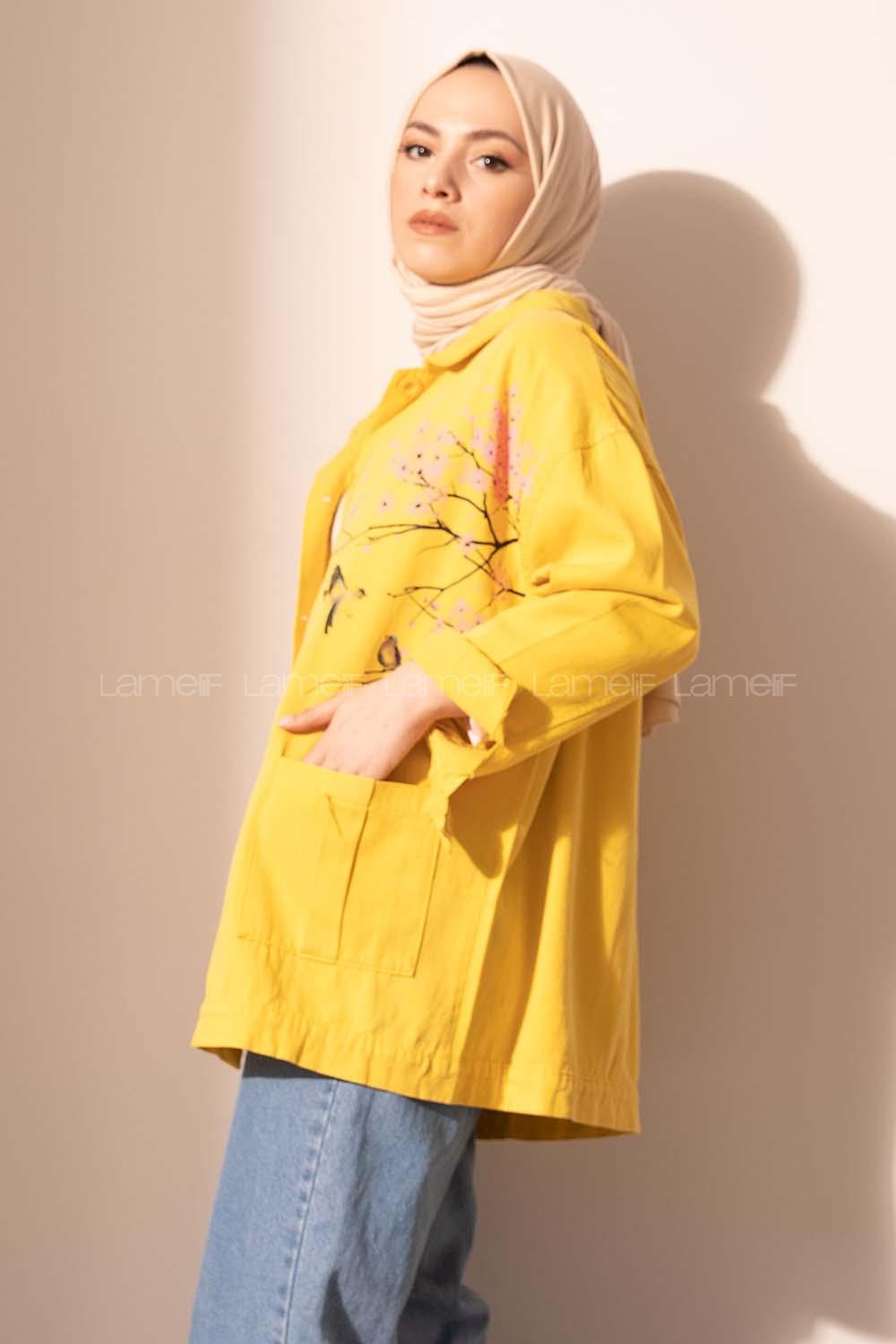 Modalamelif Happy Spring Desenli Gabrdin Ceket Sarı