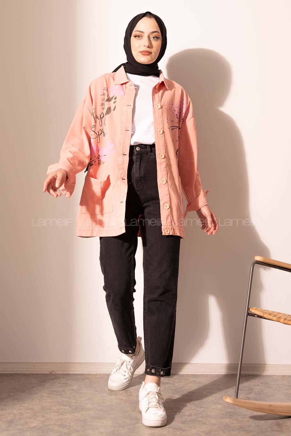 Modalamelif Happy Spring Desenli Gabrdin Ceket Soft Pudra