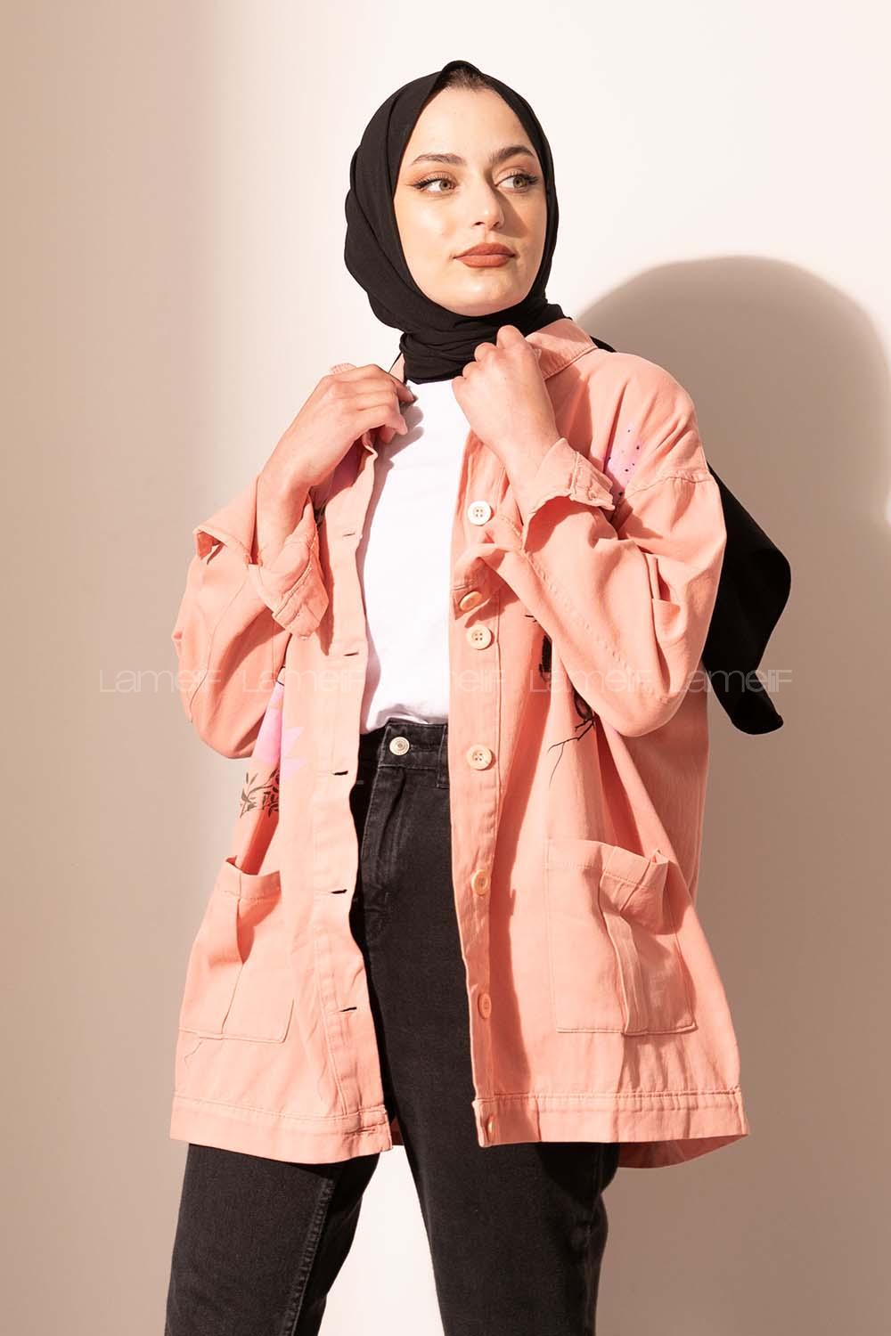 Modalamelif Happy Spring Desenli Gabrdin Ceket Soft Pudra