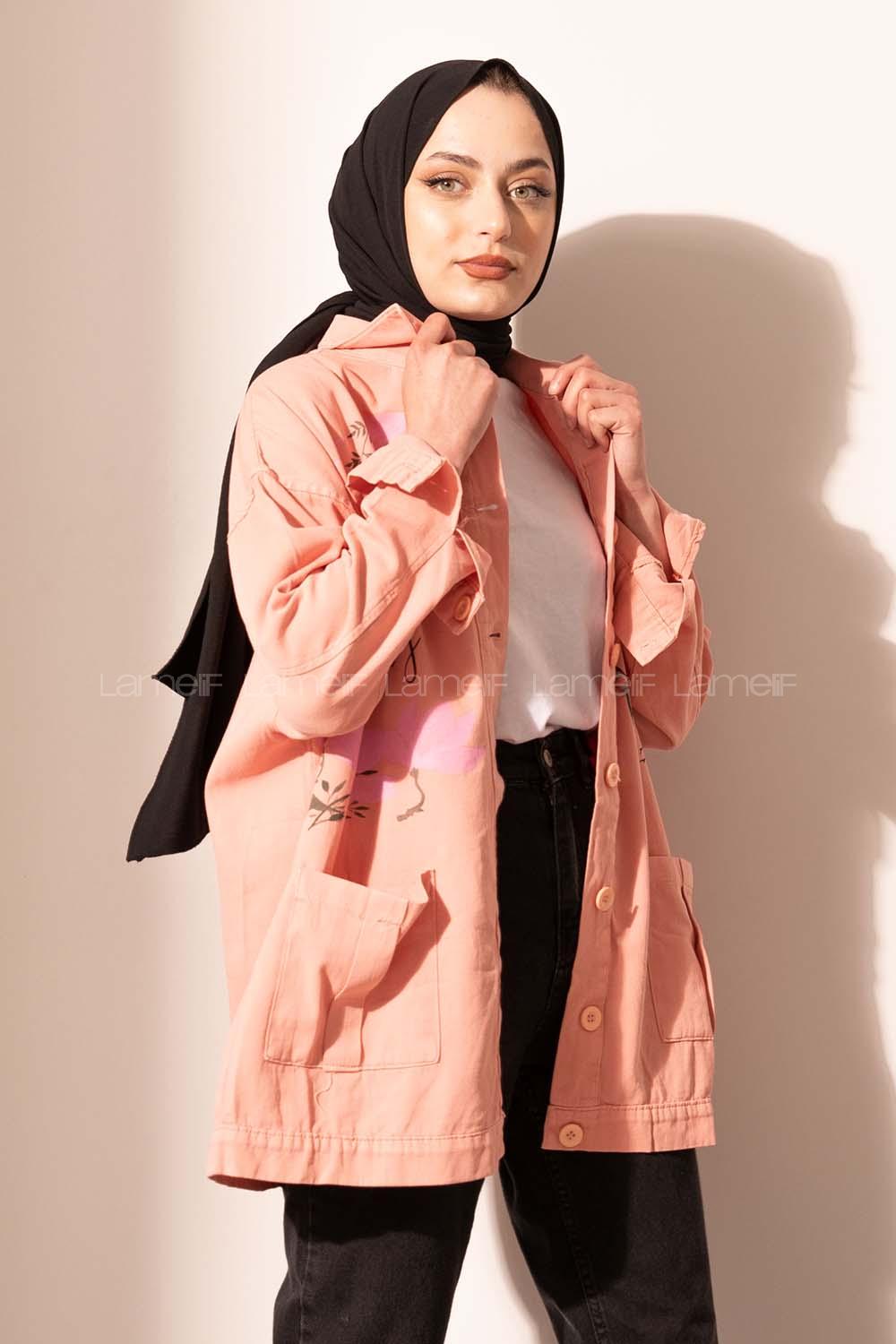 Modalamelif Happy Spring Desenli Gabrdin Ceket Soft Pudra