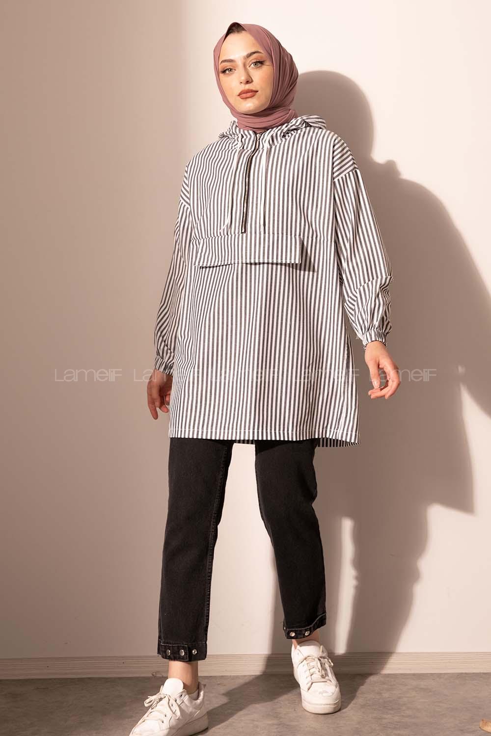 Modalamelif Kanguru Cep Çizgili Tunik Siyah