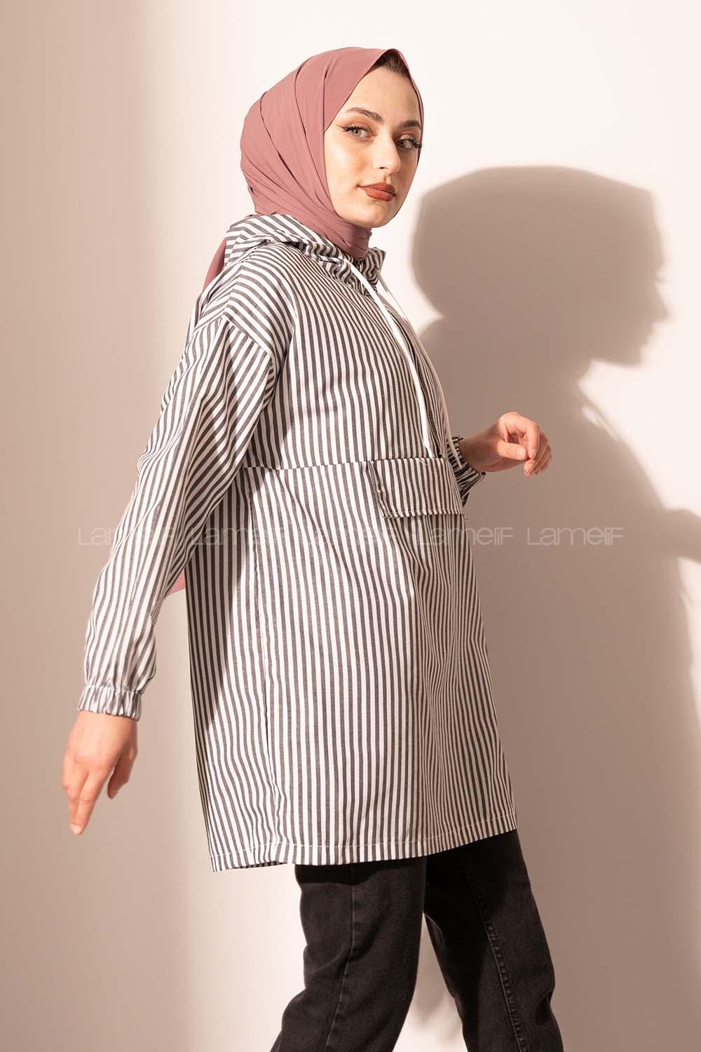 Modalamelif Kanguru Cep Çizgili Tunik Siyah