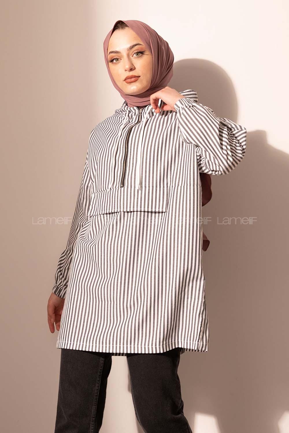 Modalamelif Kanguru Cep Çizgili Tunik Siyah