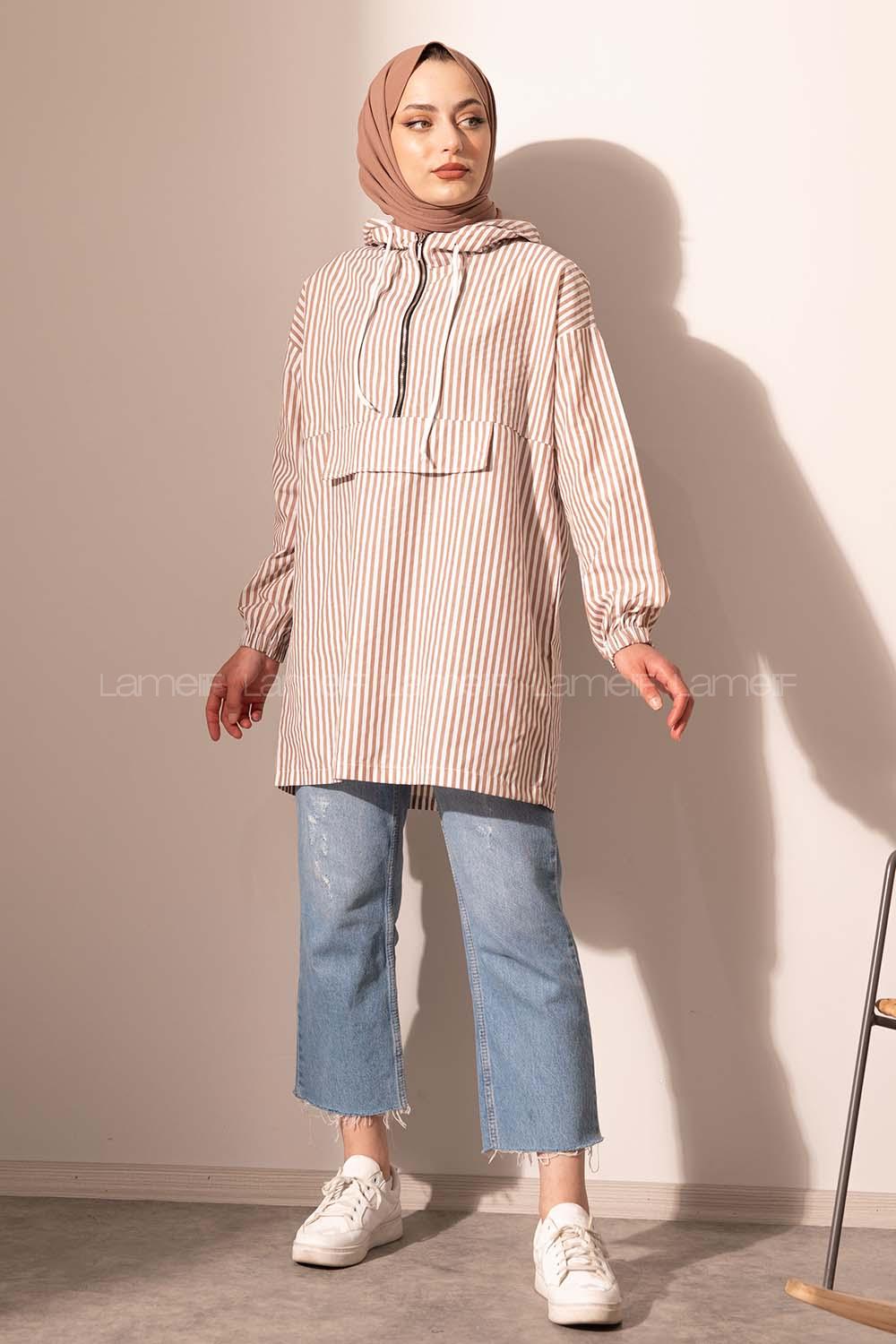 Modalamelif Kanguru Cep Çizgili Tunik Soft Kahve