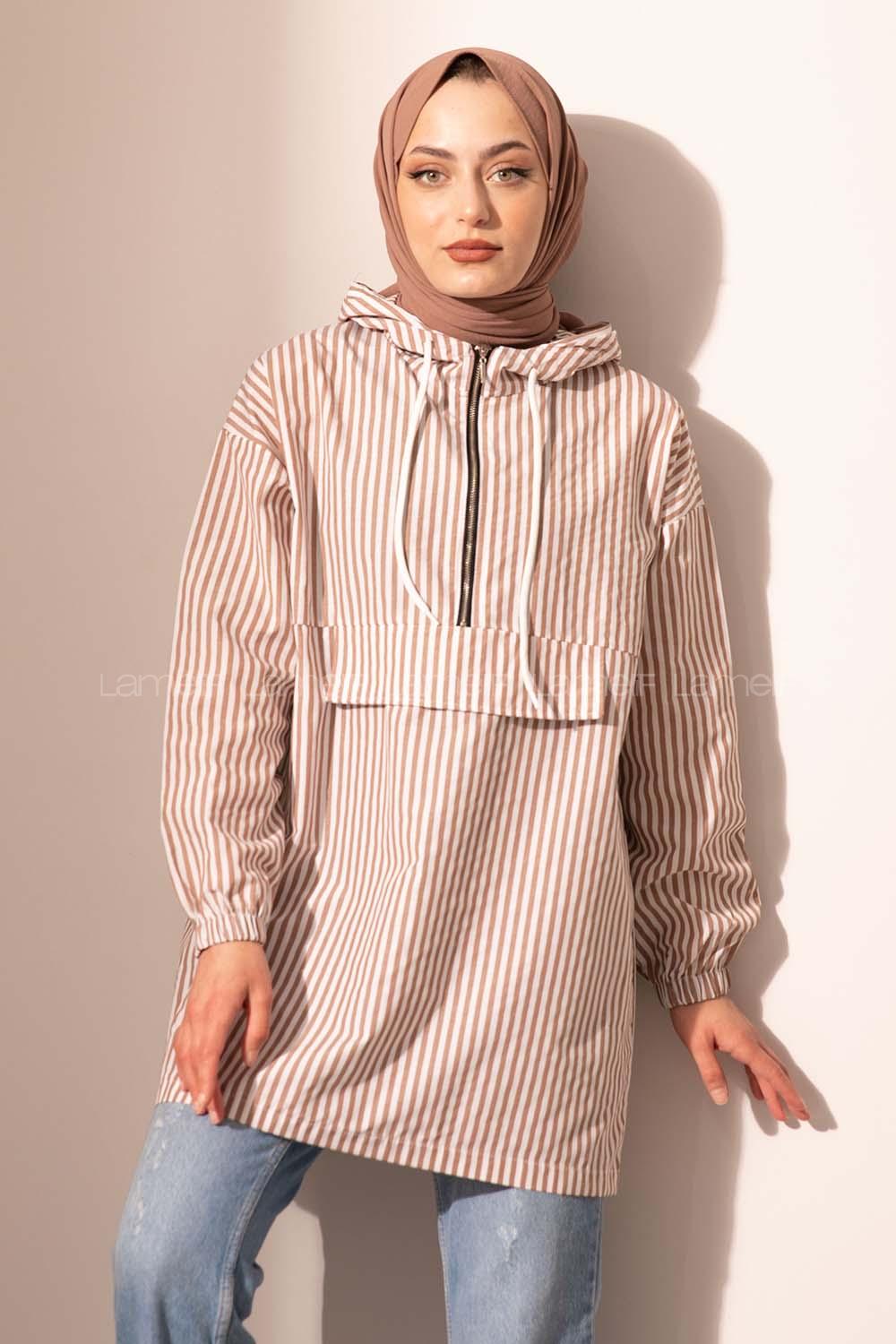 Modalamelif Kanguru Cep Çizgili Tunik Soft Kahve