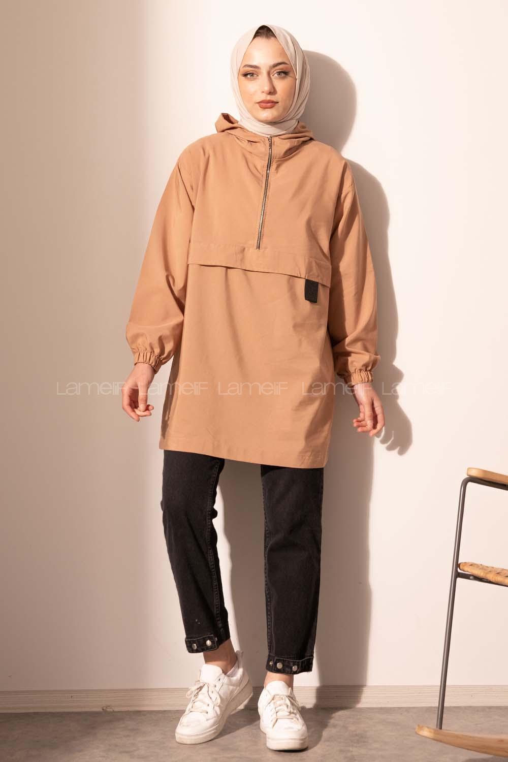 Modalamelif Kanguru Cep Yarım Fermuarlı Tunik Sütlü Kahve