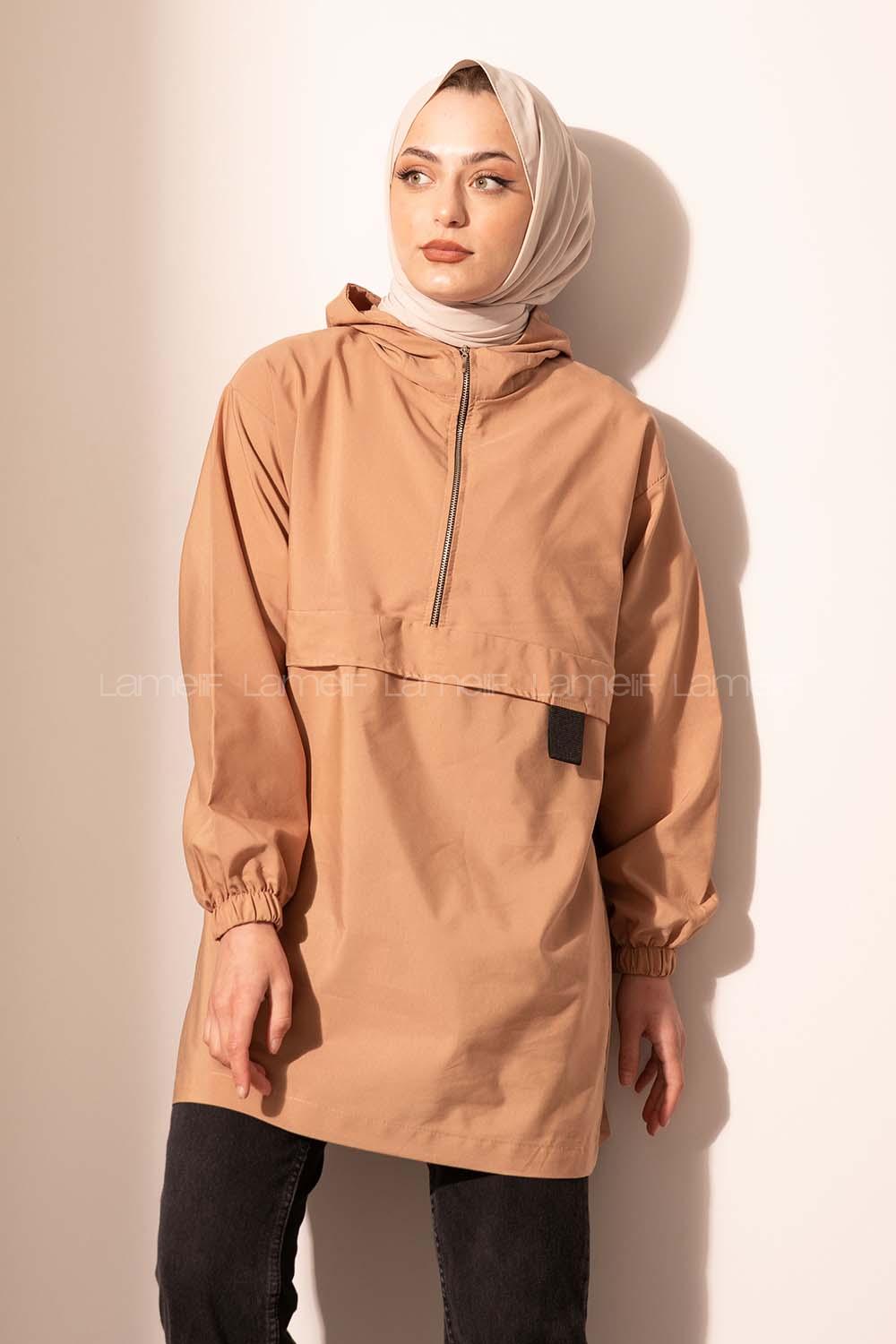 Modalamelif Kanguru Cep Yarım Fermuarlı Tunik Sütlü Kahve