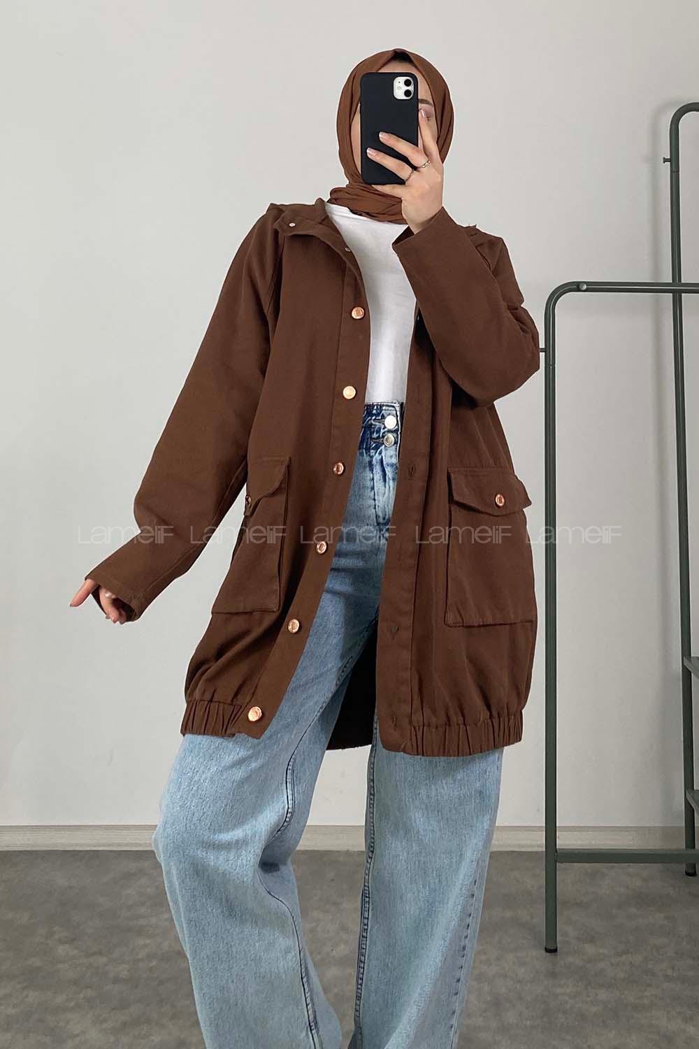 Modalamelif Kapak Cepli Kapşonlu Ceket Acı Kahve