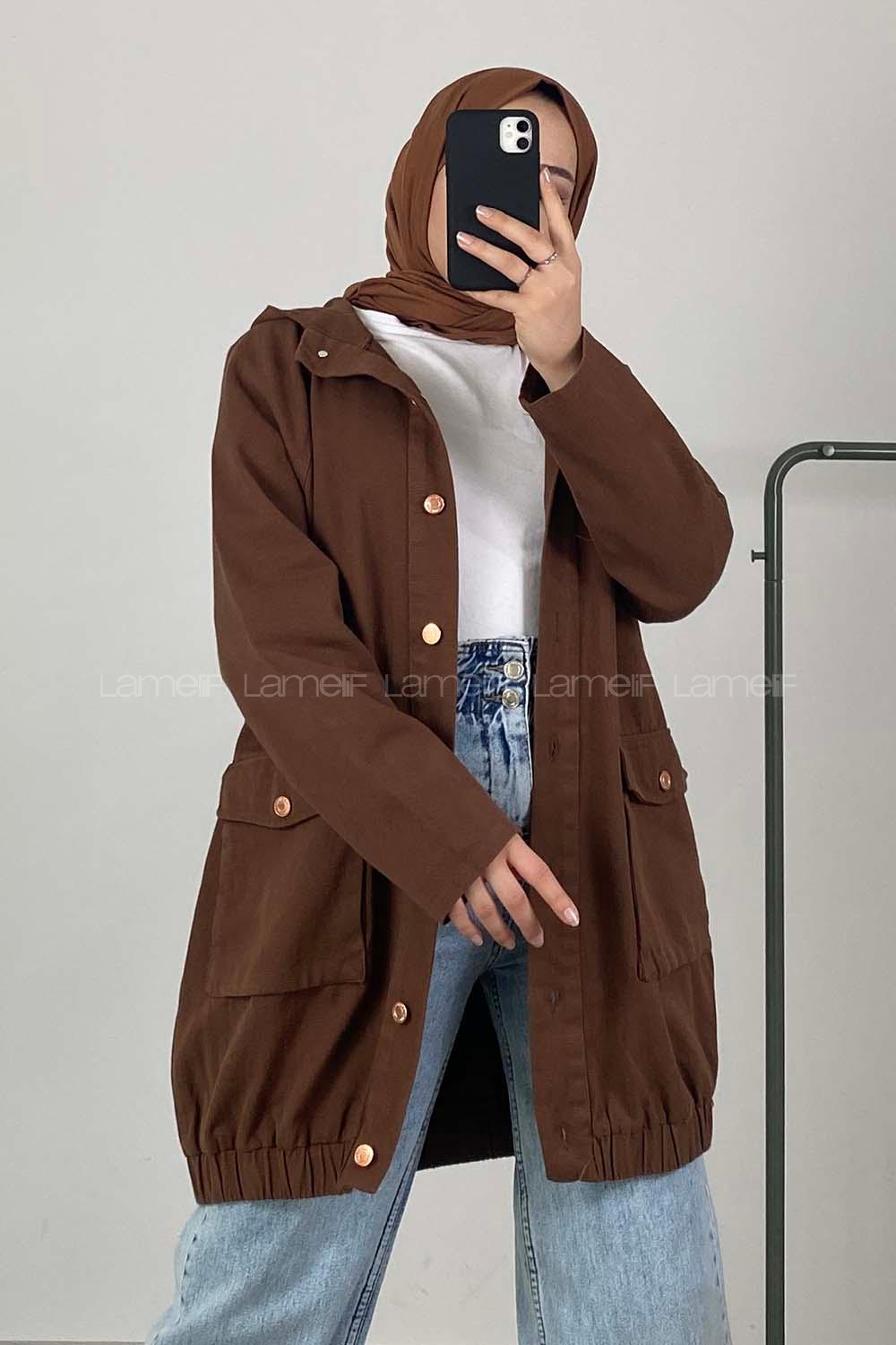 Modalamelif Kapak Cepli Kapşonlu Ceket Acı Kahve