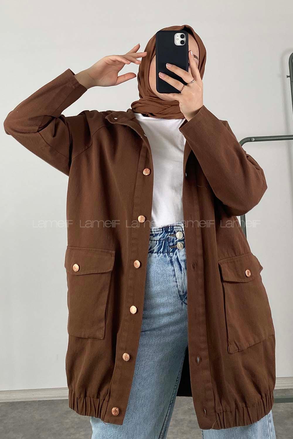 Modalamelif Kapak Cepli Kapşonlu Ceket Acı Kahve