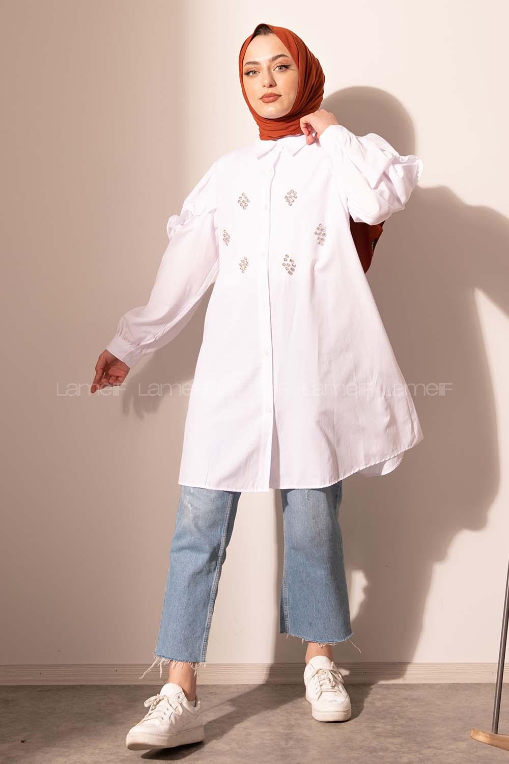 Modalamelif Kol Fırfırlı Taşlı Tunik Ekru
