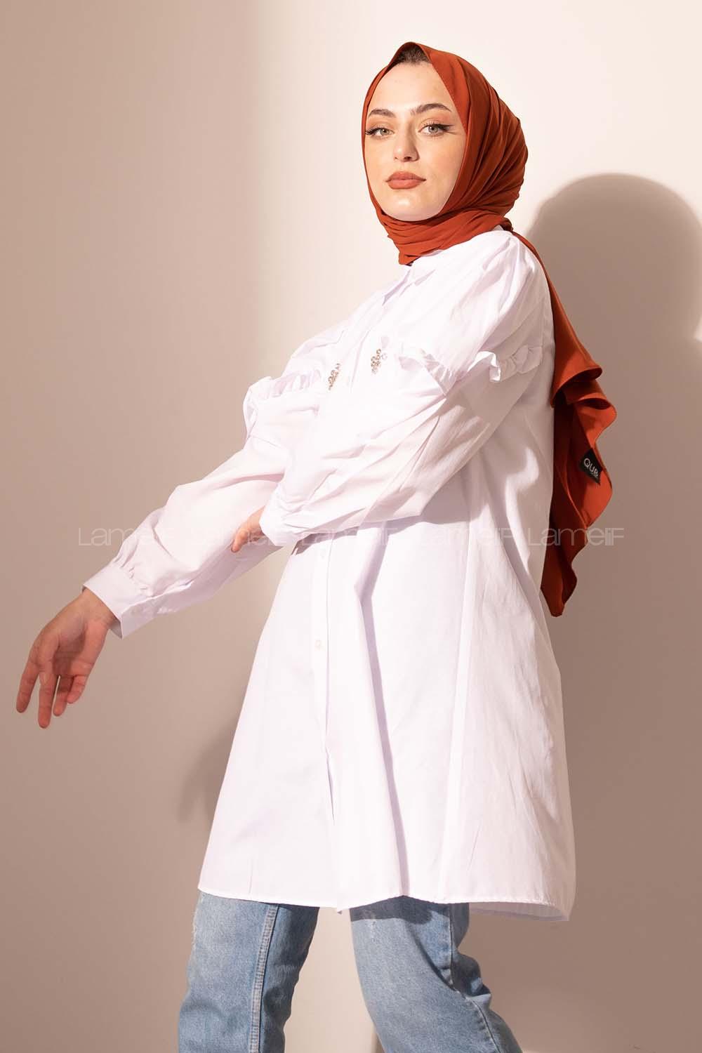 Modalamelif Kol Fırfırlı Taşlı Tunik Ekru