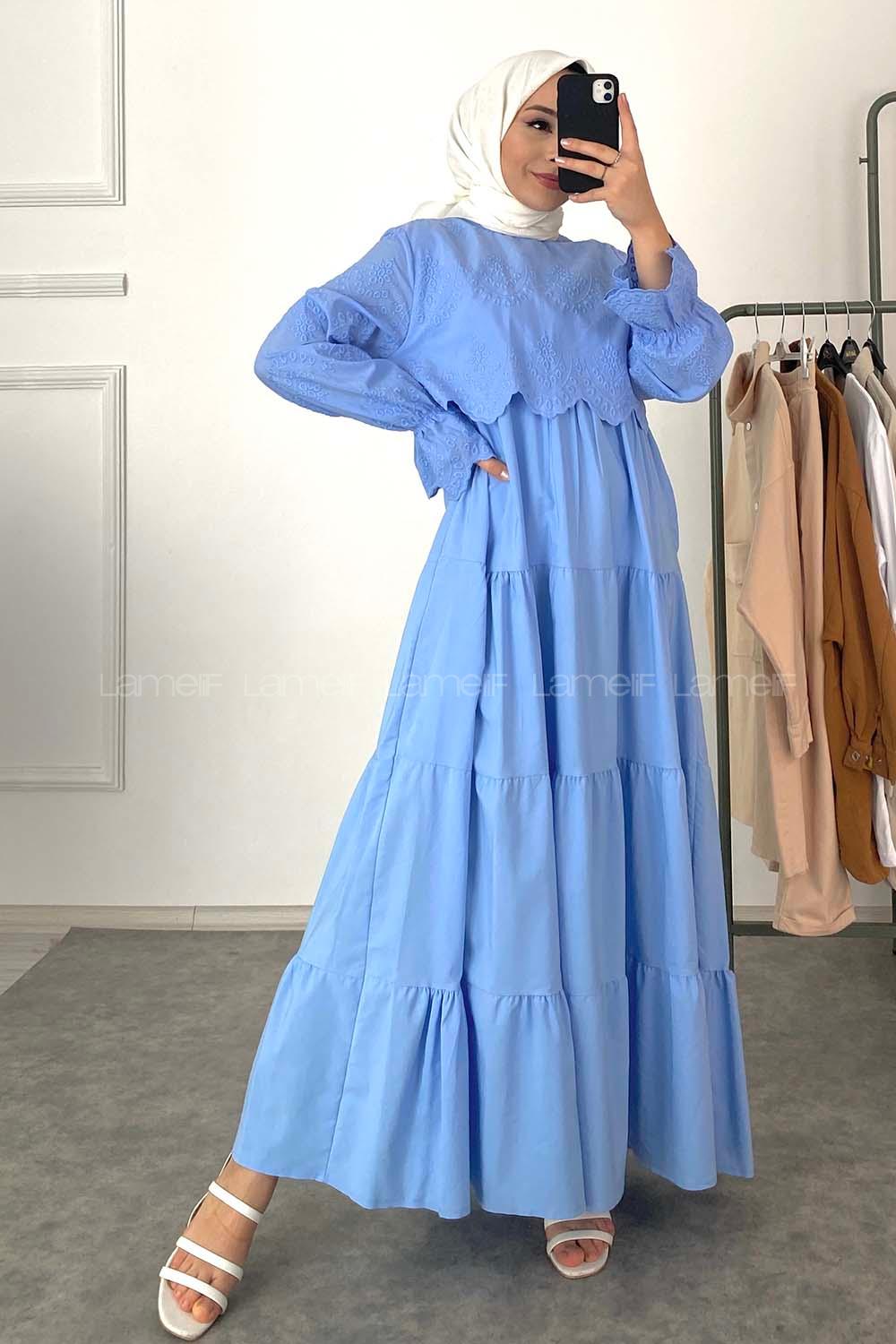 Modalamelif Kol Lastik Nakışlı Elbise Açık Mavi