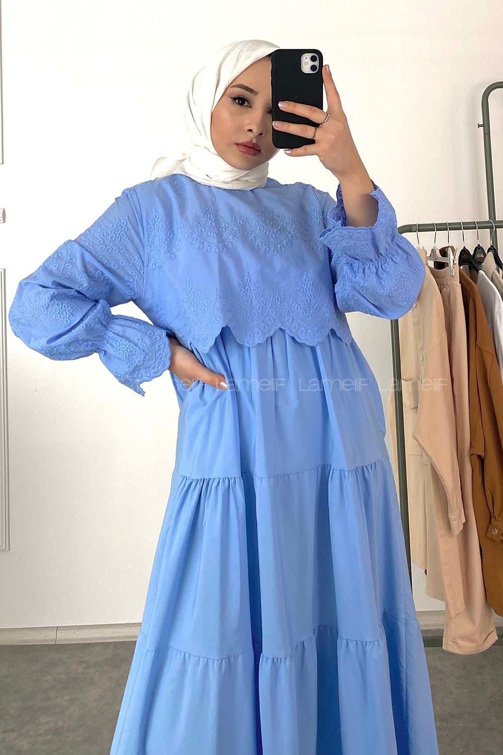 Modalamelif Kol Lastik Nakışlı Elbise Açık Mavi