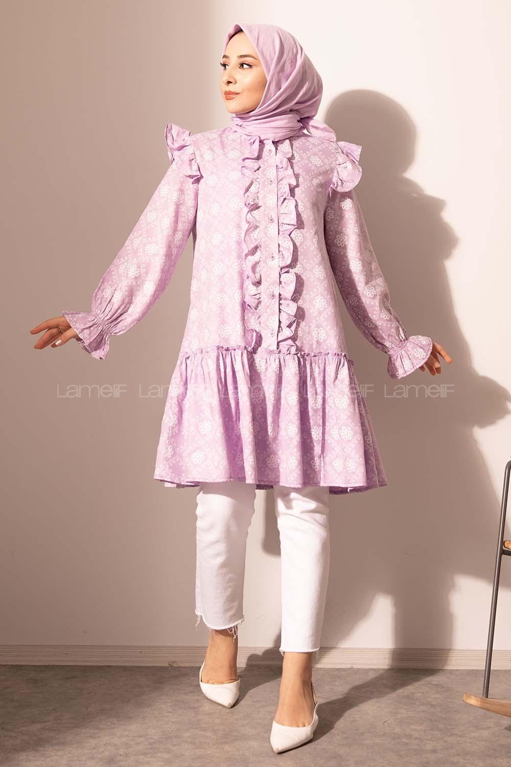 Modalamelif  Kol Lastikli Kilim Desen Tunik Lila