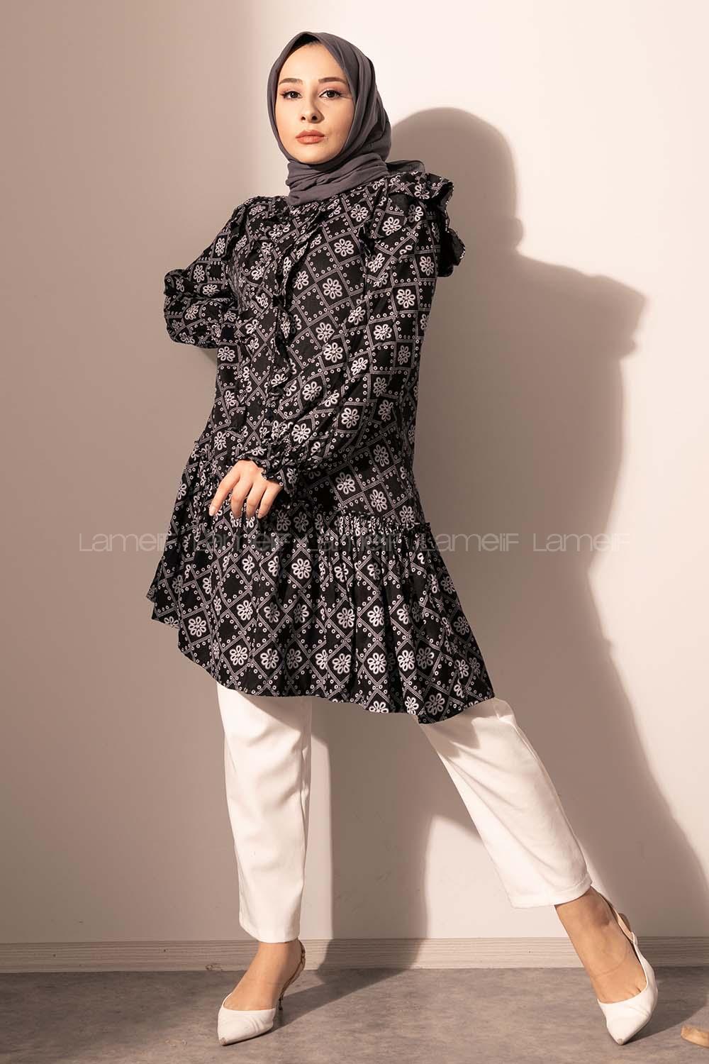 Modalamelif  Kol Lastikli Kilim Desen Tunik Siyah