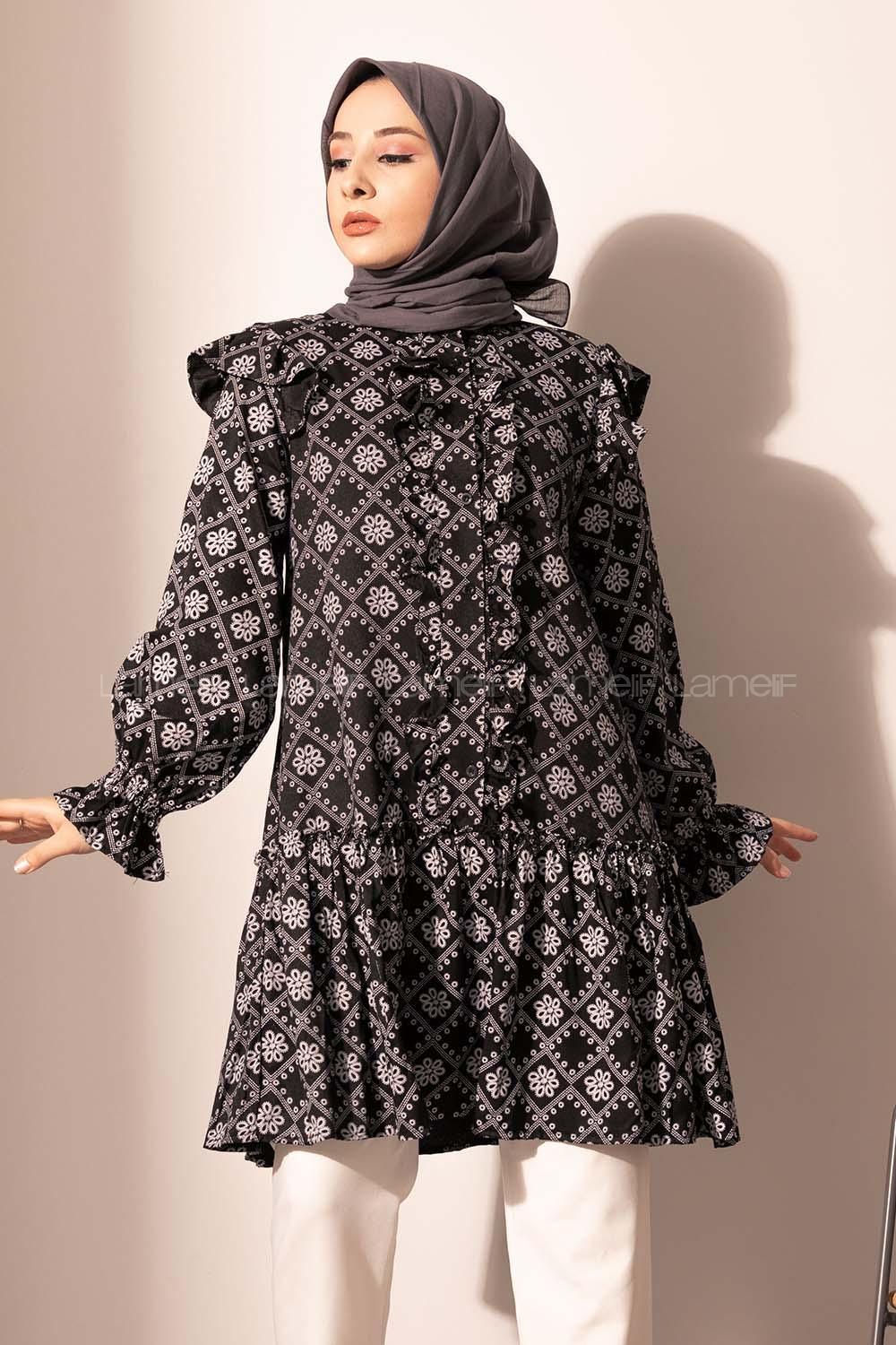 Modalamelif  Kol Lastikli Kilim Desen Tunik Siyah